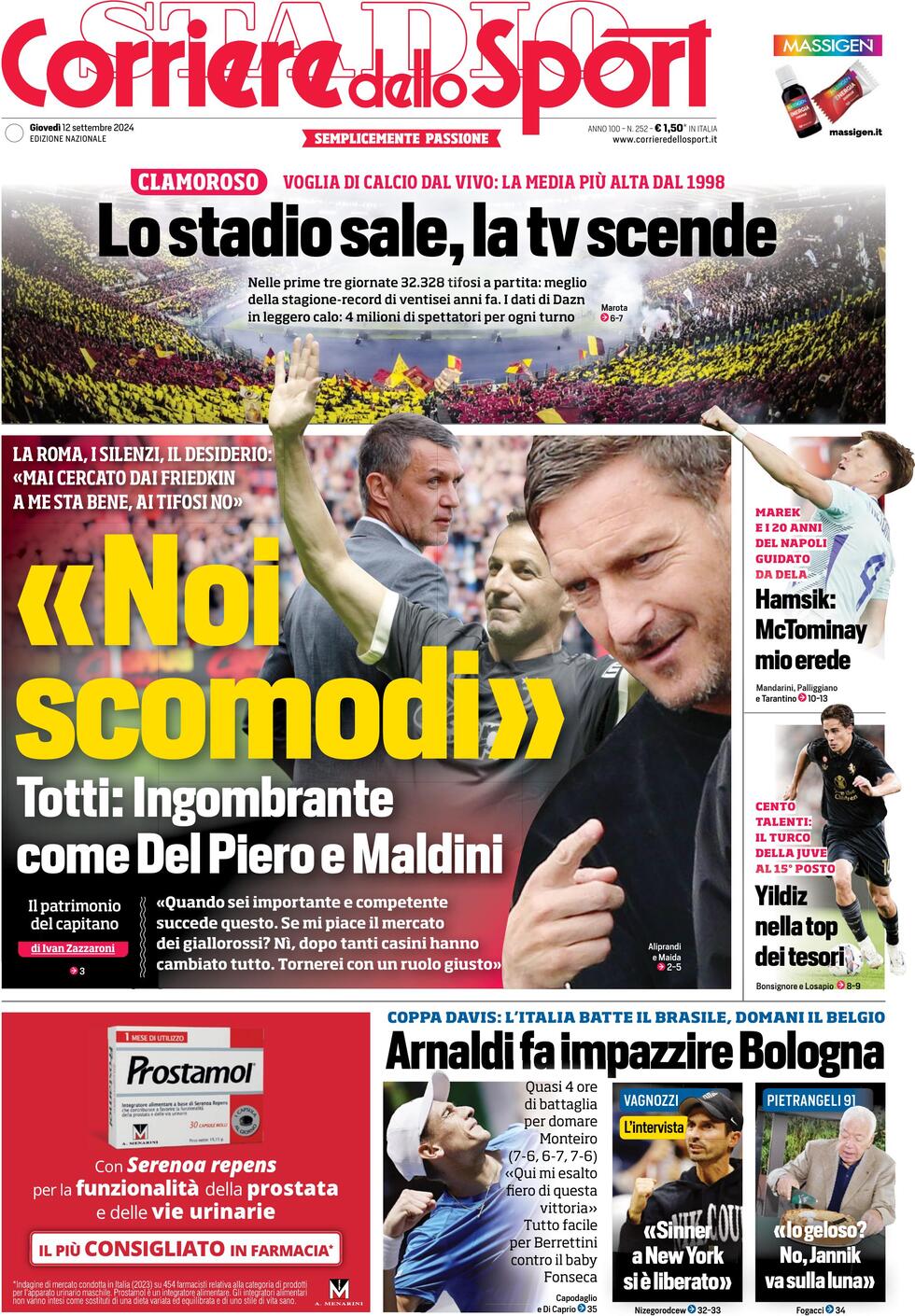 Corriere dello Sport prima pagina 
            Edizione di Oggi, Giovedì 12 Settembre 2024