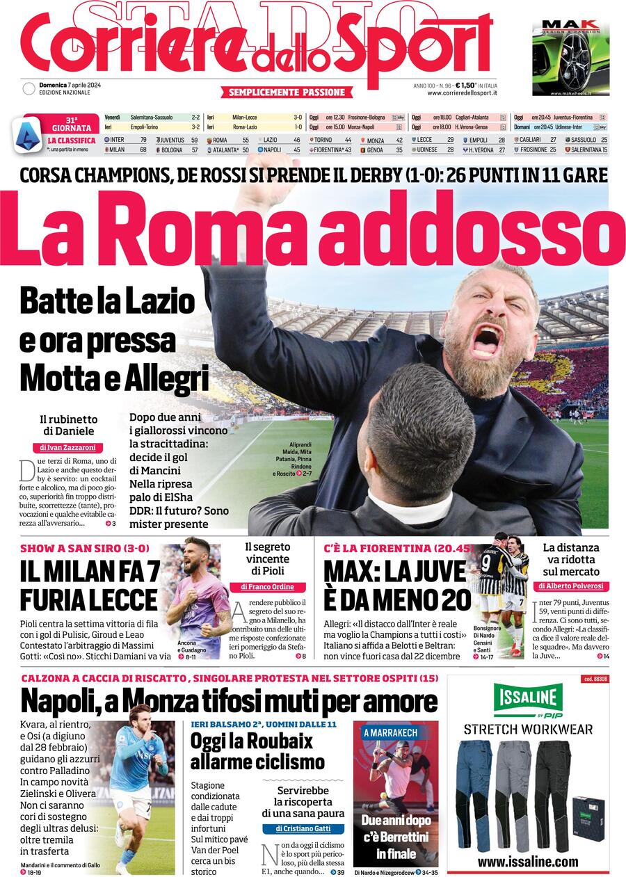 Corriere dello Sport prima pagina 
            Edizione di Oggi, Domenica 07 Aprile 2024