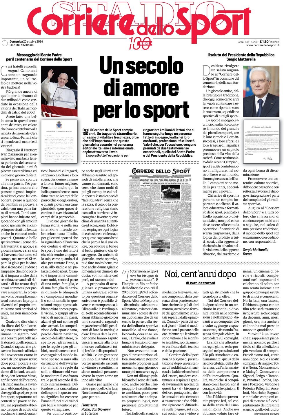 Corriere dello Sport prima pagina 
            Edizione di Oggi, Domenica 20 Ottobre 2024