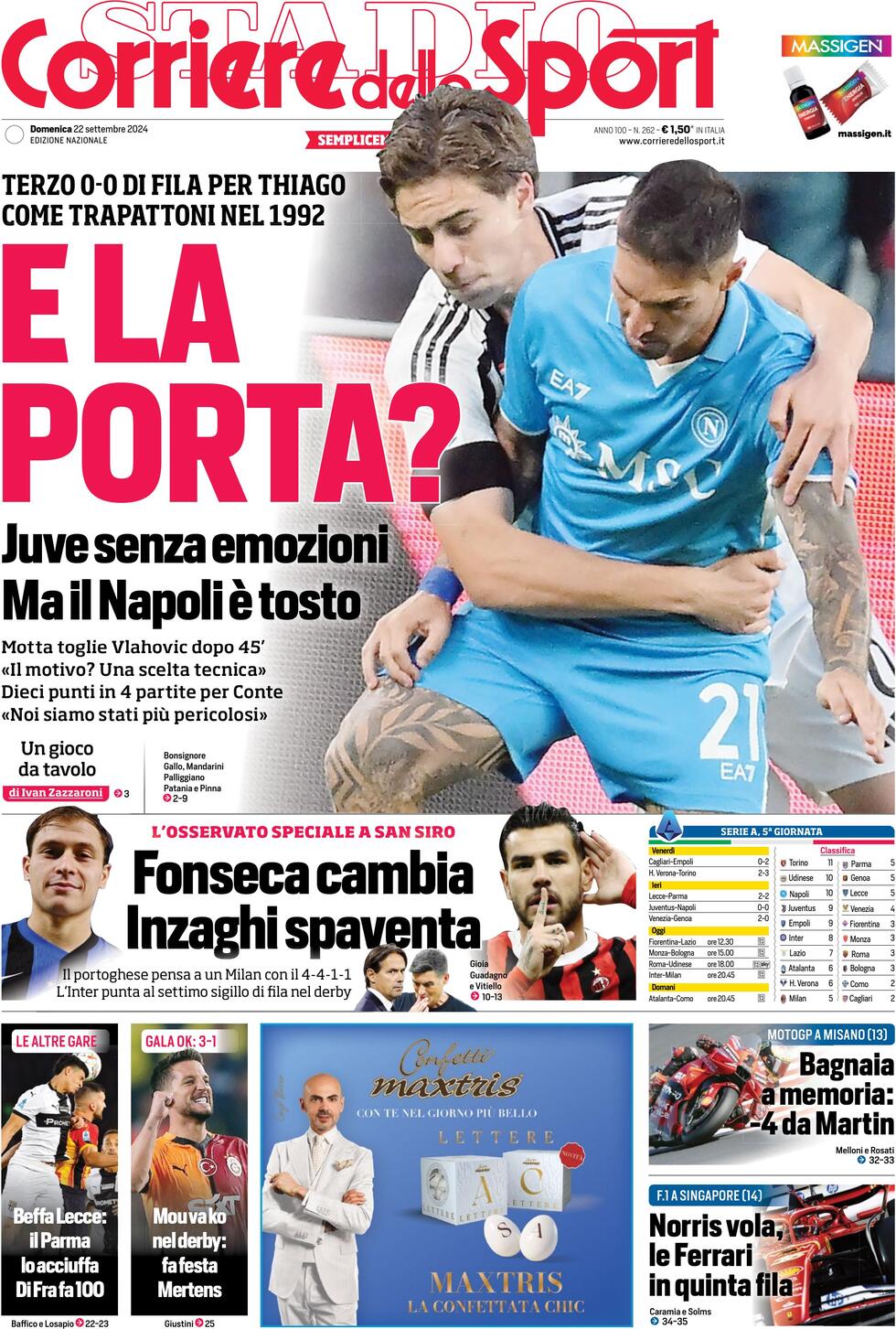 Corriere dello Sport prima pagina 
            Edizione di Oggi, Lunedì 23 Settembre 2024