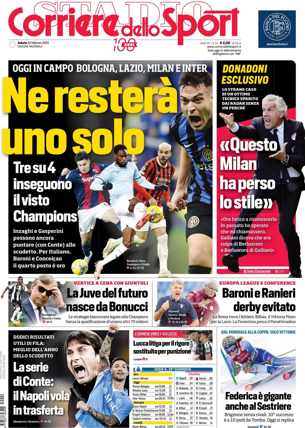 Corriere dello Sport prima pagina 
            Edizione di Oggi, Sabato 22 Febbraio 2025