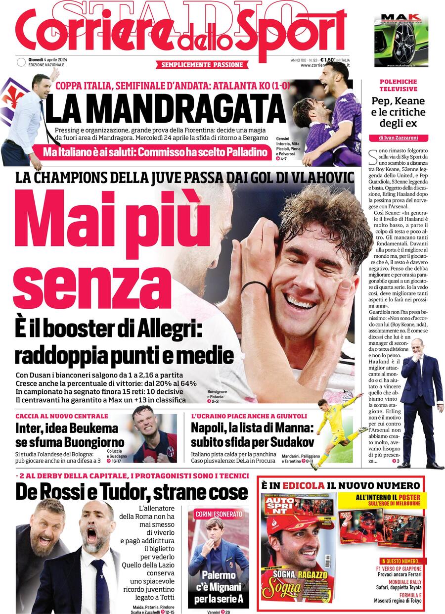 Corriere dello Sport prima pagina             Edizione di Oggi, Giovedì 04 Aprile 2024