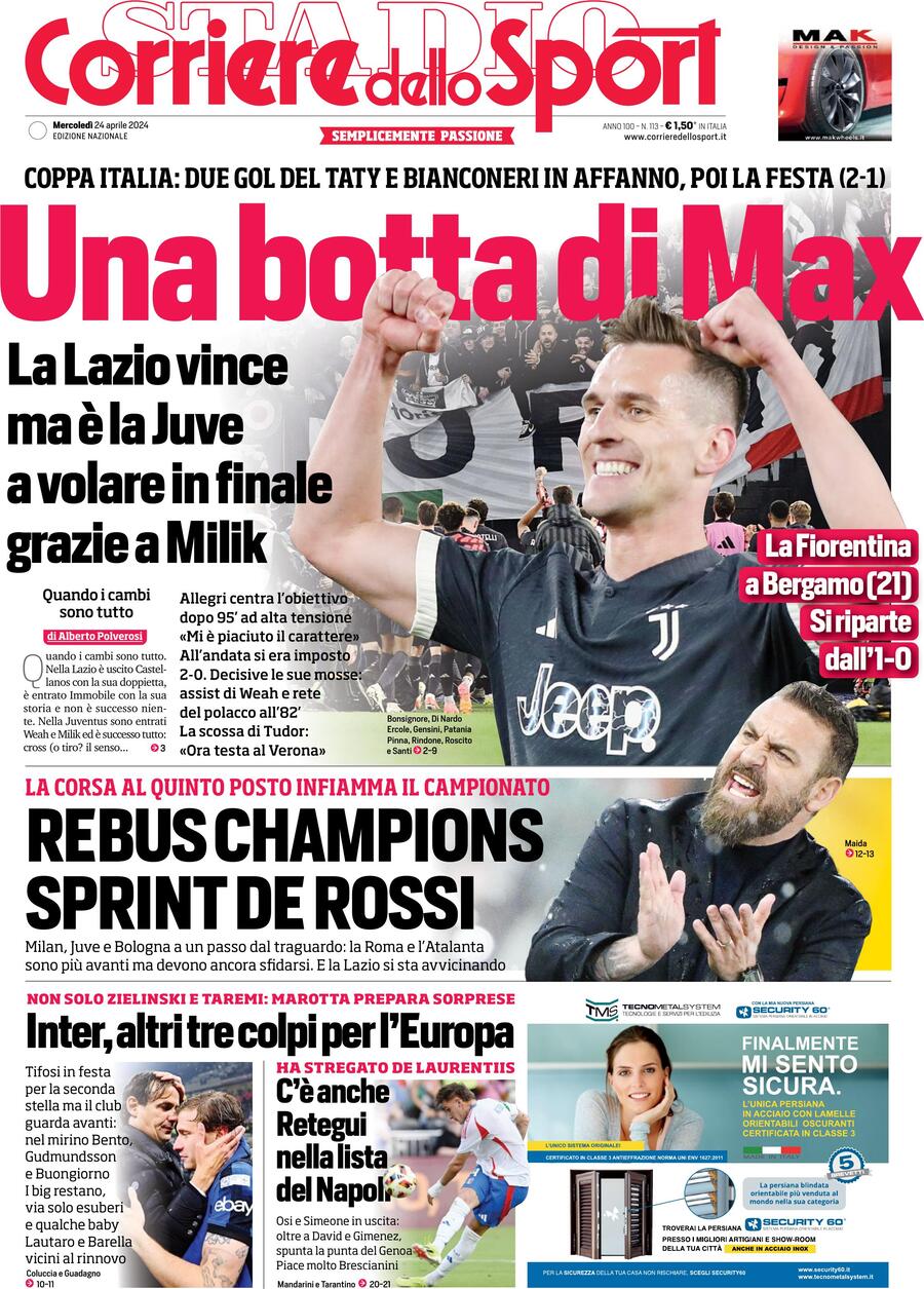 Corriere dello Sport prima pagina 
            Edizione di Oggi, Mercoledì 24 Aprile 2024