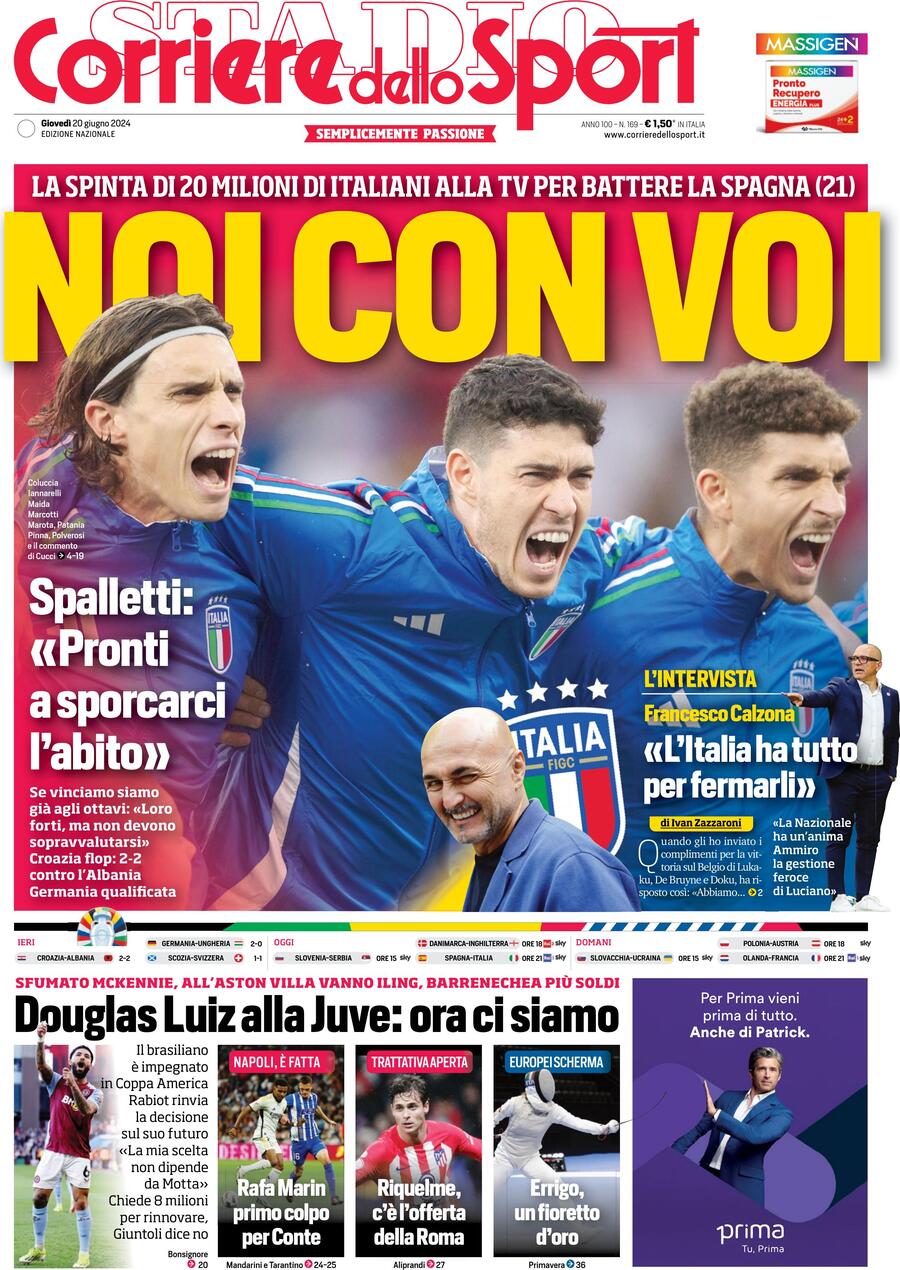 Prima Pagina del Corriere dello Sport: Edizione di Oggi, Giovedì 20 Giugno 2024