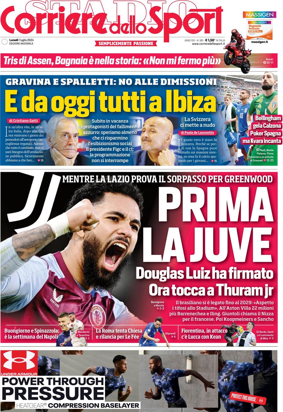 Corriere dello Sport: Prima Pagina dell’Edizione di Oggi, Lunedì 01 Luglio 2024