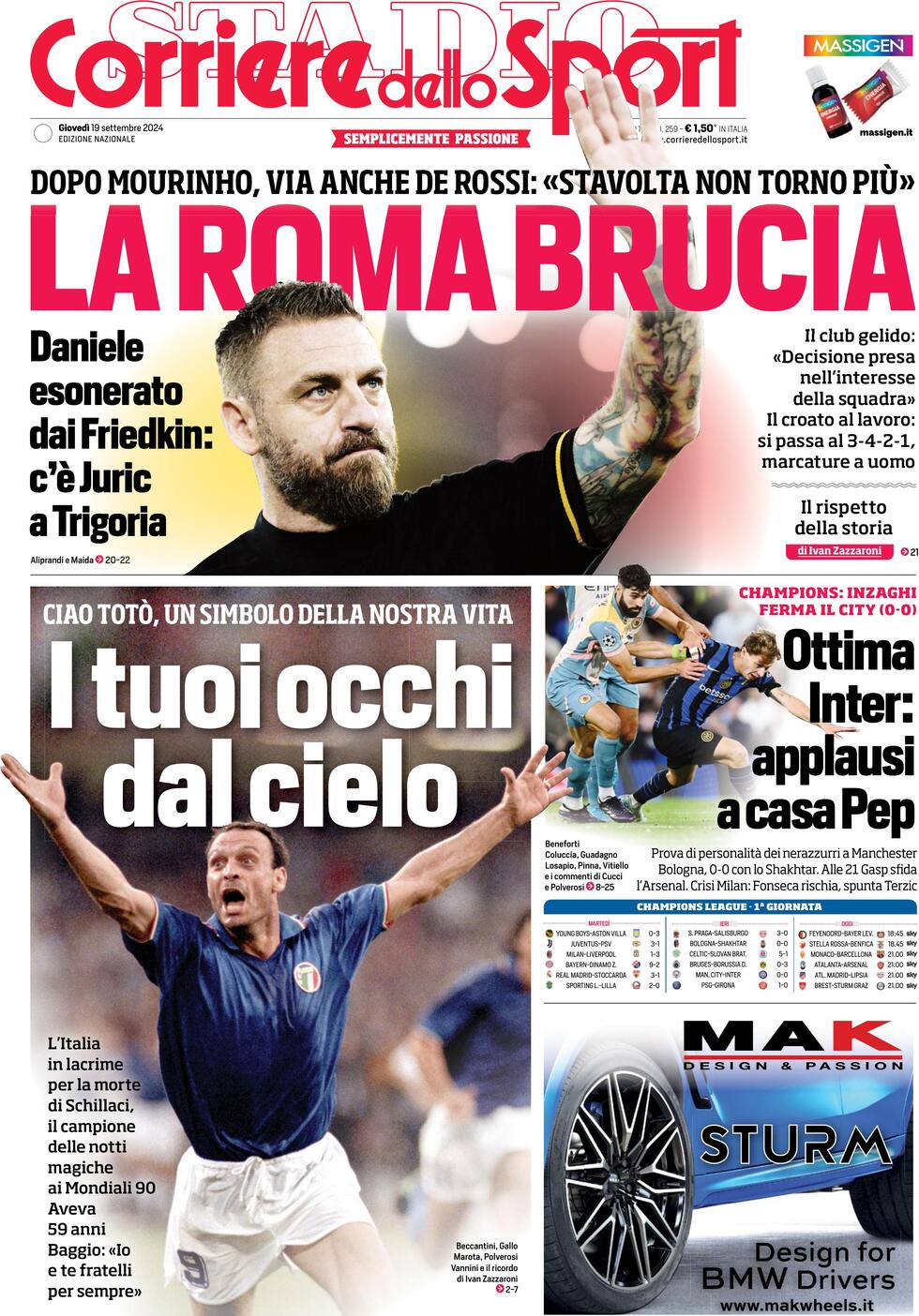 Corriere dello Sport prima pagina 
            Edizione di Oggi, Venerdì 20 Settembre 2024