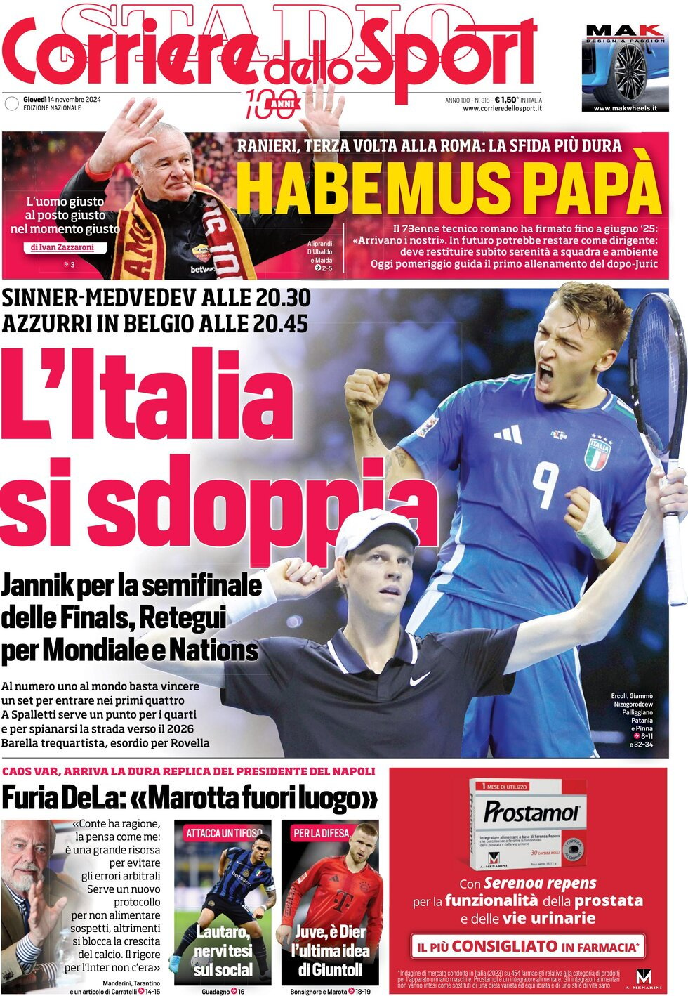 Corriere dello Sport prima pagina 
            Edizione di Oggi, Venerdì 15 Novembre 2024