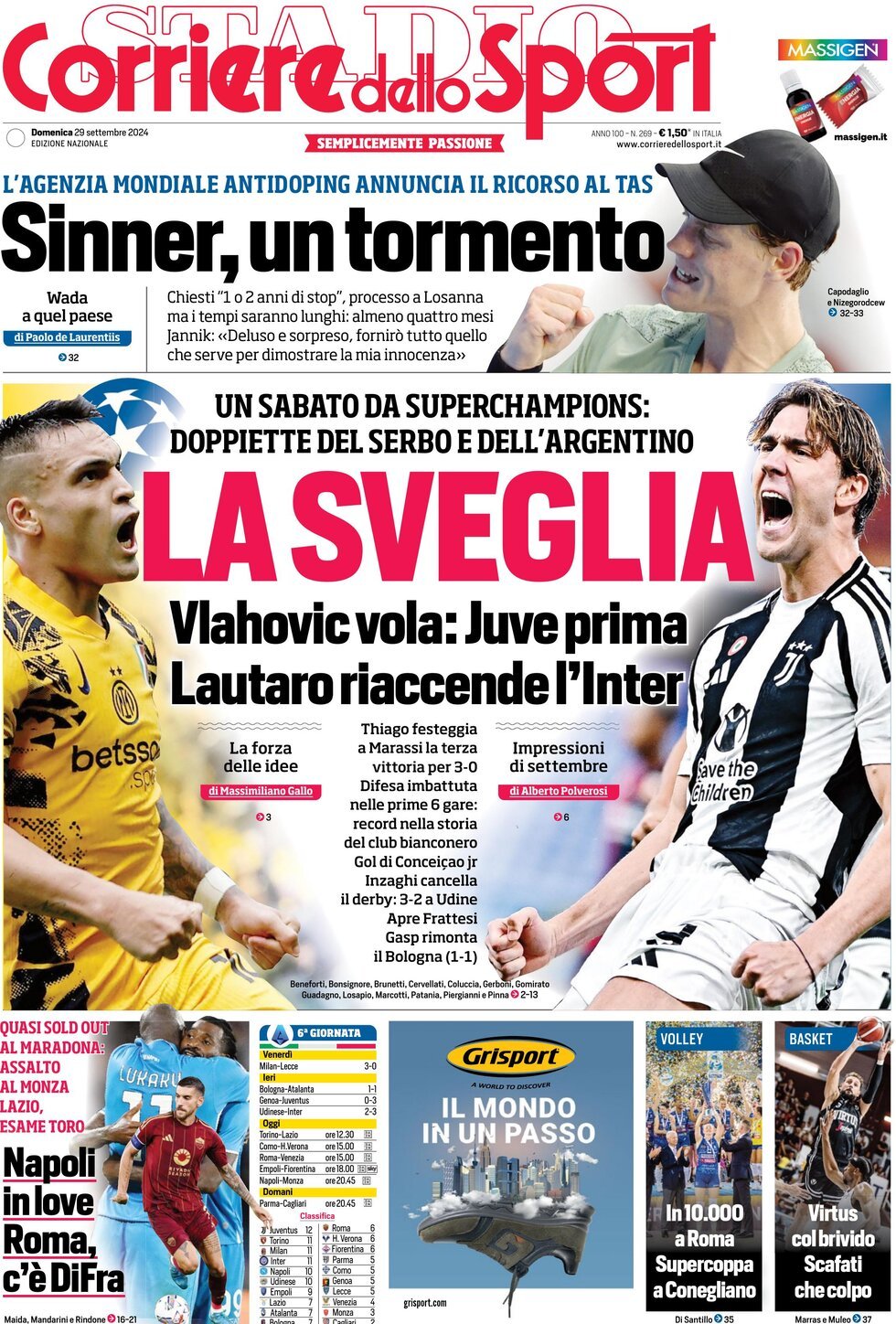 Corriere dello Sport prima pagina 
            Edizione di Oggi, Domenica 29 Settembre 2024