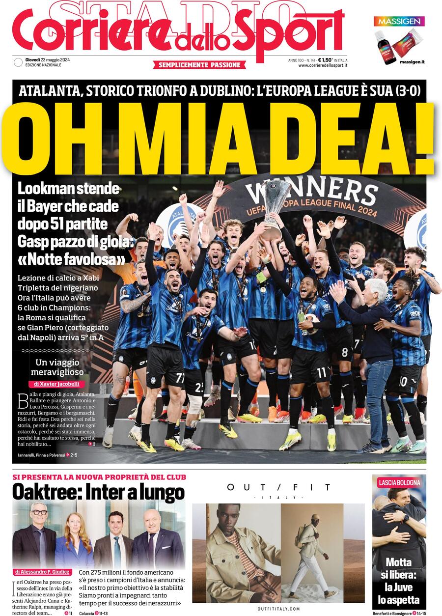 Corriere dello Sport prima pagina 
            Edizione di Oggi, Giovedì 23 Maggio 2024