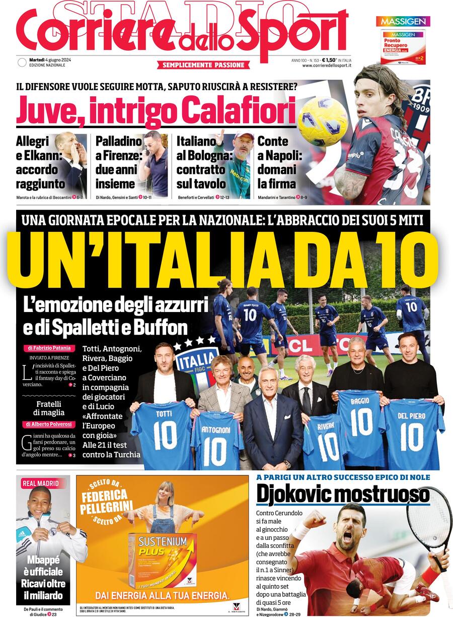 Corriere dello Sport prima pagina 
            Edizione di Oggi, Martedì 04 Giugno 2024