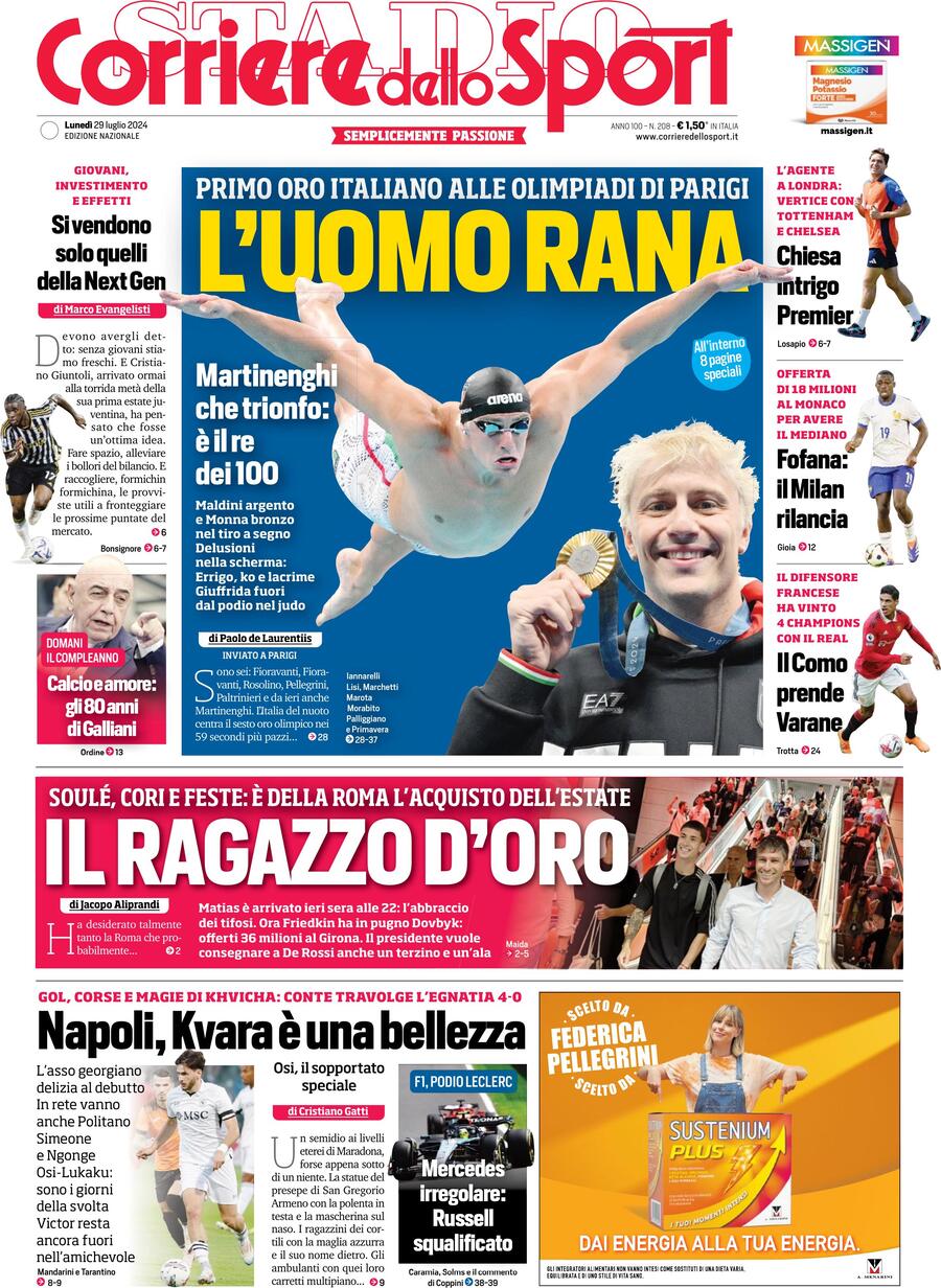 Corriere dello Sport Prima Pagina: Edizione di Oggi, Lunedì 29 Luglio 2024