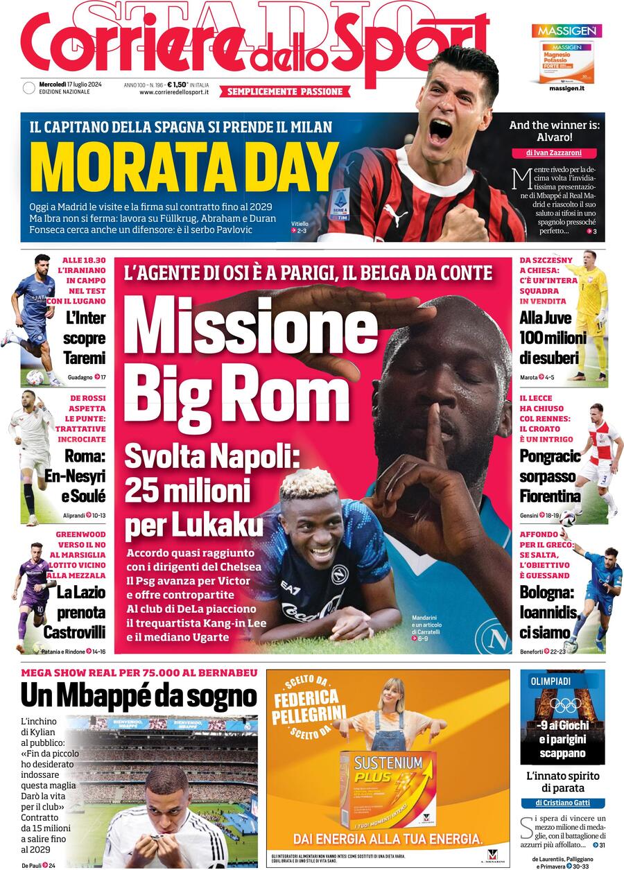 Corriere dello Sport Prima Pagina: Edizione di Oggi, Mercoledì 17 Luglio 2024