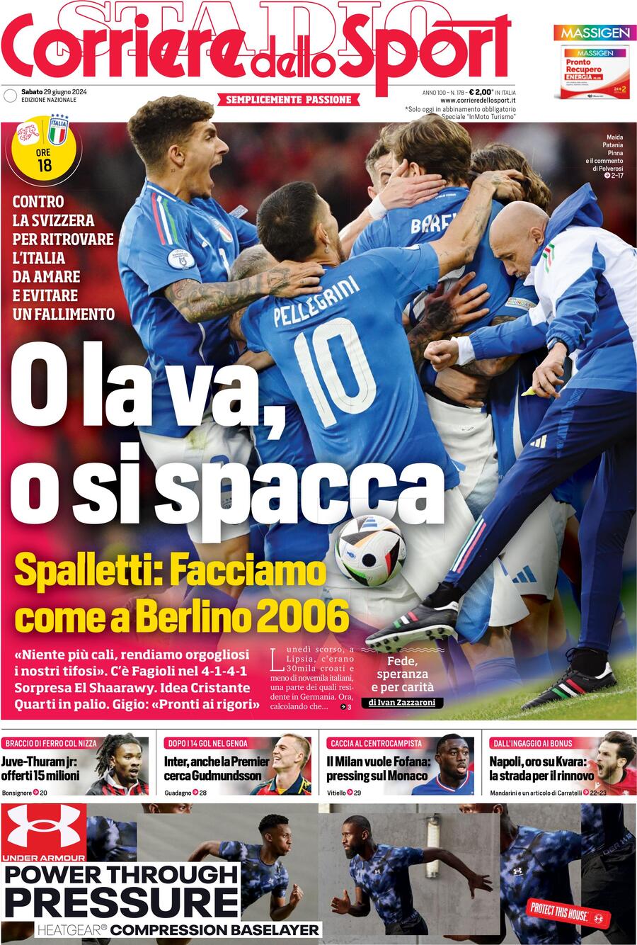 Corriere dello Sport prima pagina: Edizione di Oggi, Sabato 29 Giugno 2024