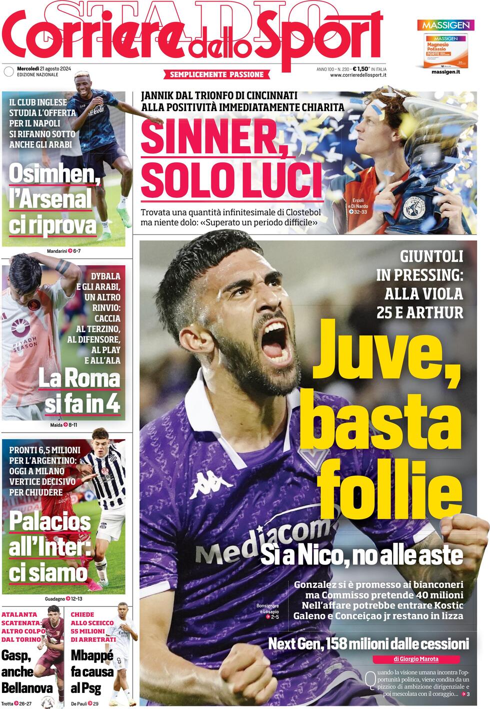 Corriere dello Sport Prima Pagina: Edizione di Oggi, Giovedì 22 Agosto 2024