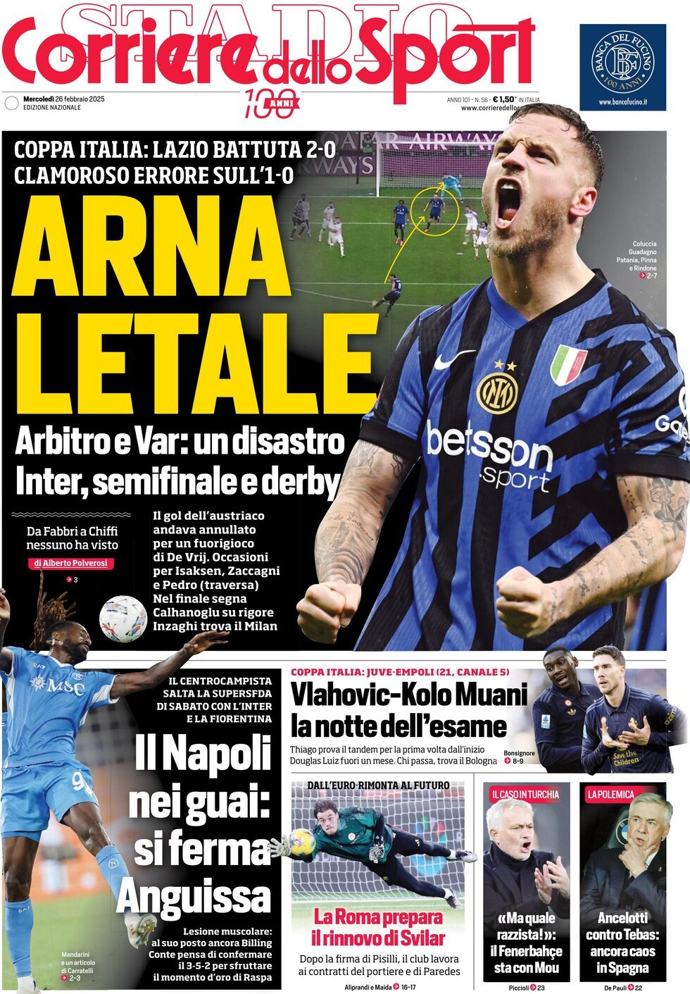 Corriere dello Sport prima pagina 
            Edizione di Oggi, Mercoledì 26 Febbraio 2025