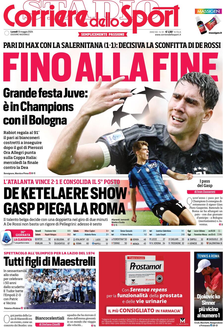 Corriere dello Sport prima pagina 
            Edizione di Oggi, Lunedì 13 Maggio 2024