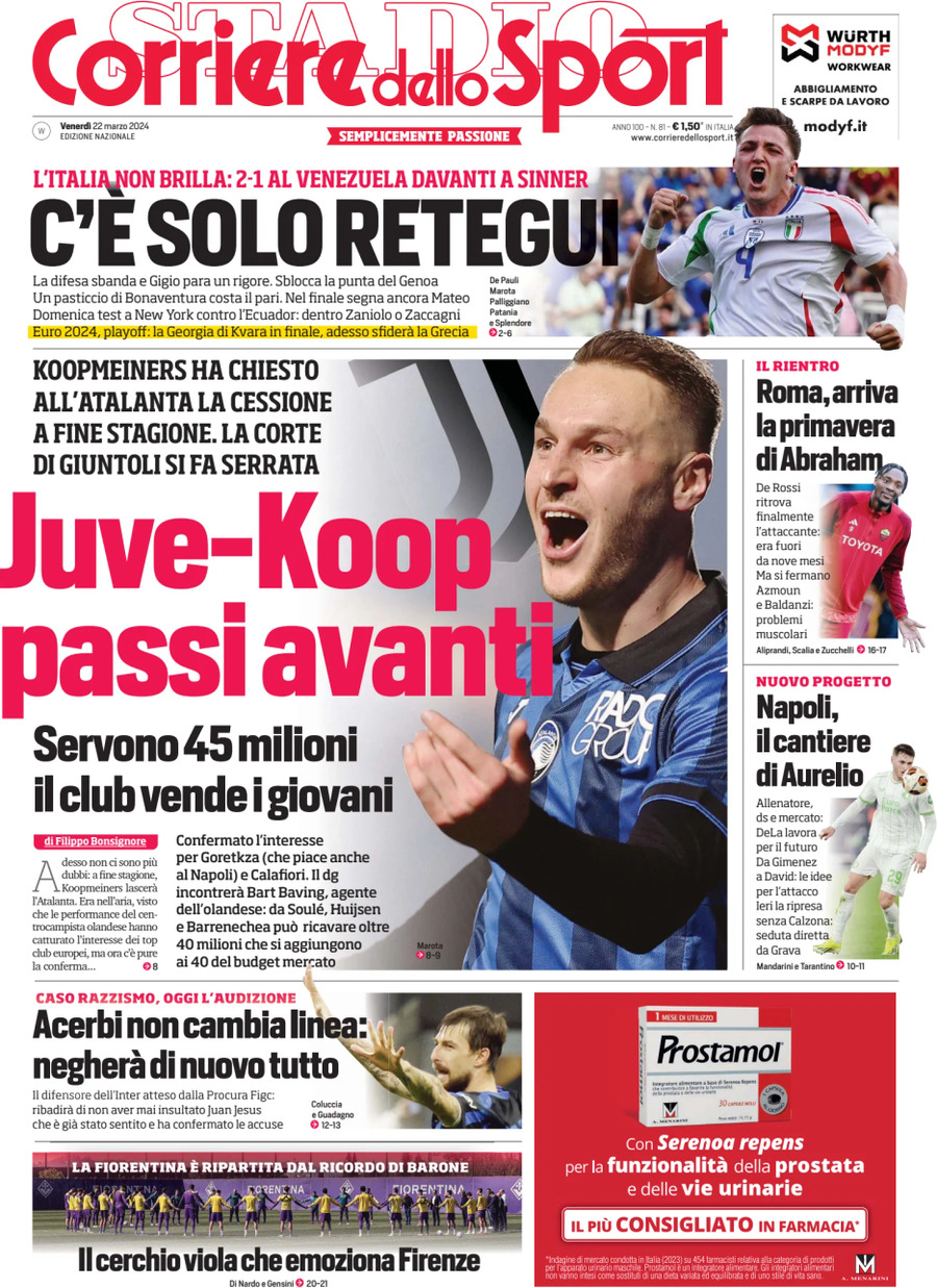 Corriere dello Sport prima pagina 
            Edizione di Oggi, Venerdì 22 Marzo 2024