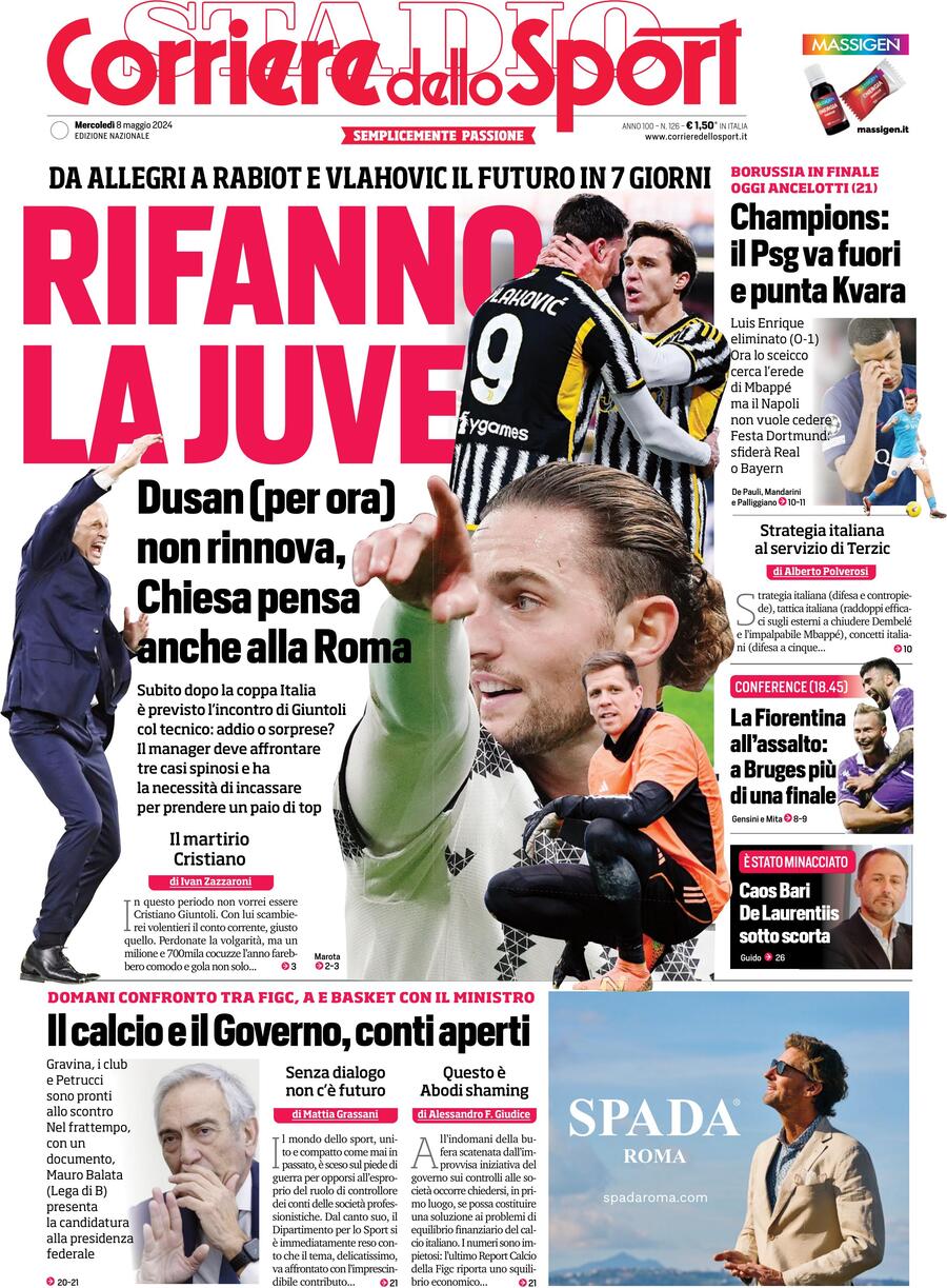 Corriere dello Sport prima pagina 
            Edizione di Oggi, Mercoledì 08 Maggio 2024