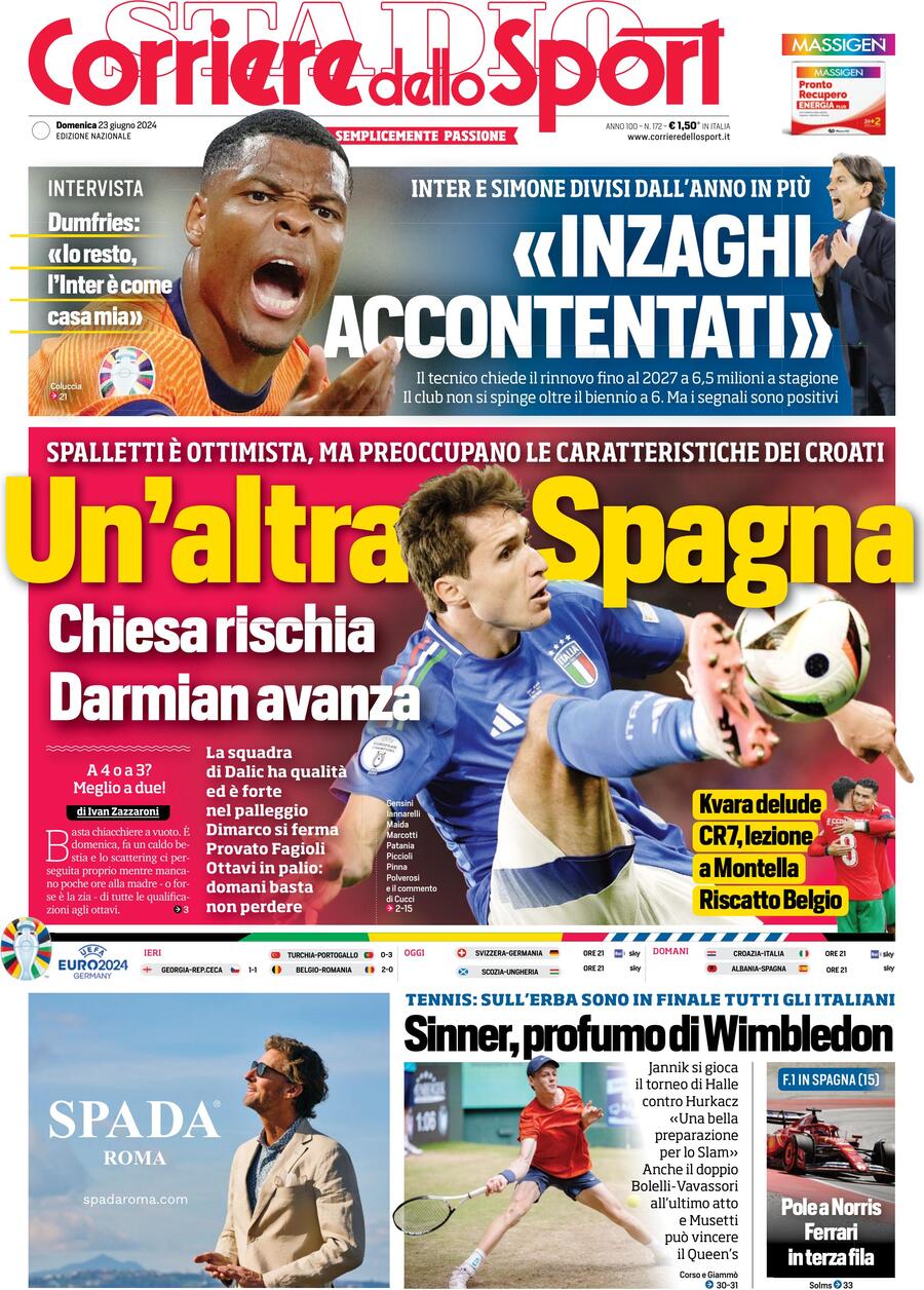 Corriere dello Sport prima pagina: Edizione di Oggi, Domenica 23 Giugno 2024