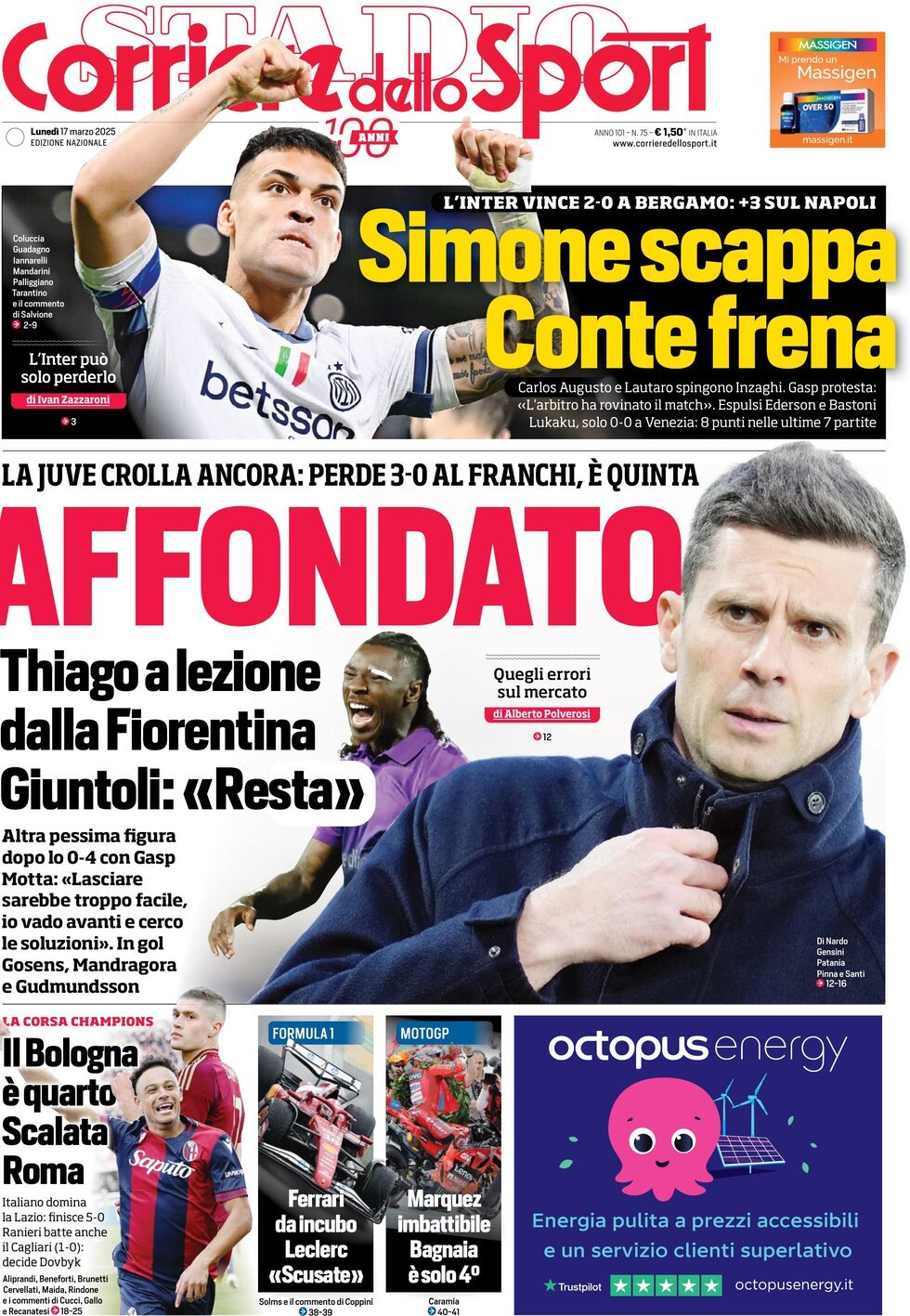 Corriere dello Sport prima pagina 
            Edizione di Oggi, Lunedì 17 Marzo 2025