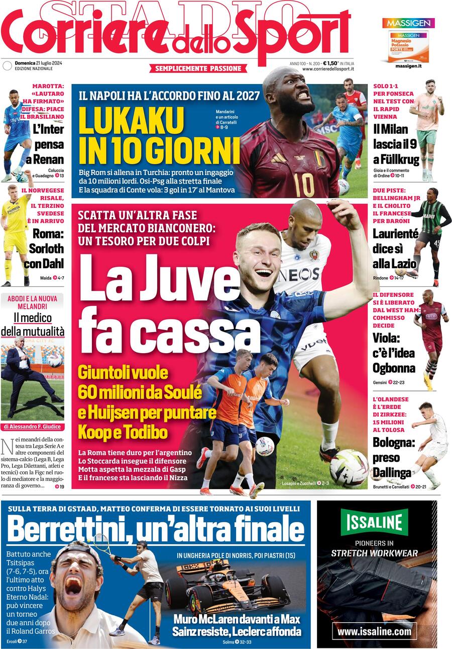 Corriere dello Sport prima pagina 
            Edizione di Oggi, Domenica 21 Luglio 2024