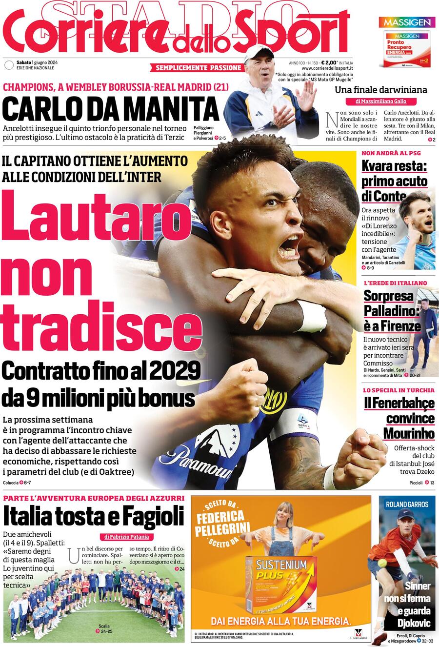 Corriere dello Sport prima pagina 
            Edizione di Oggi, Sabato 01 Giugno 2024