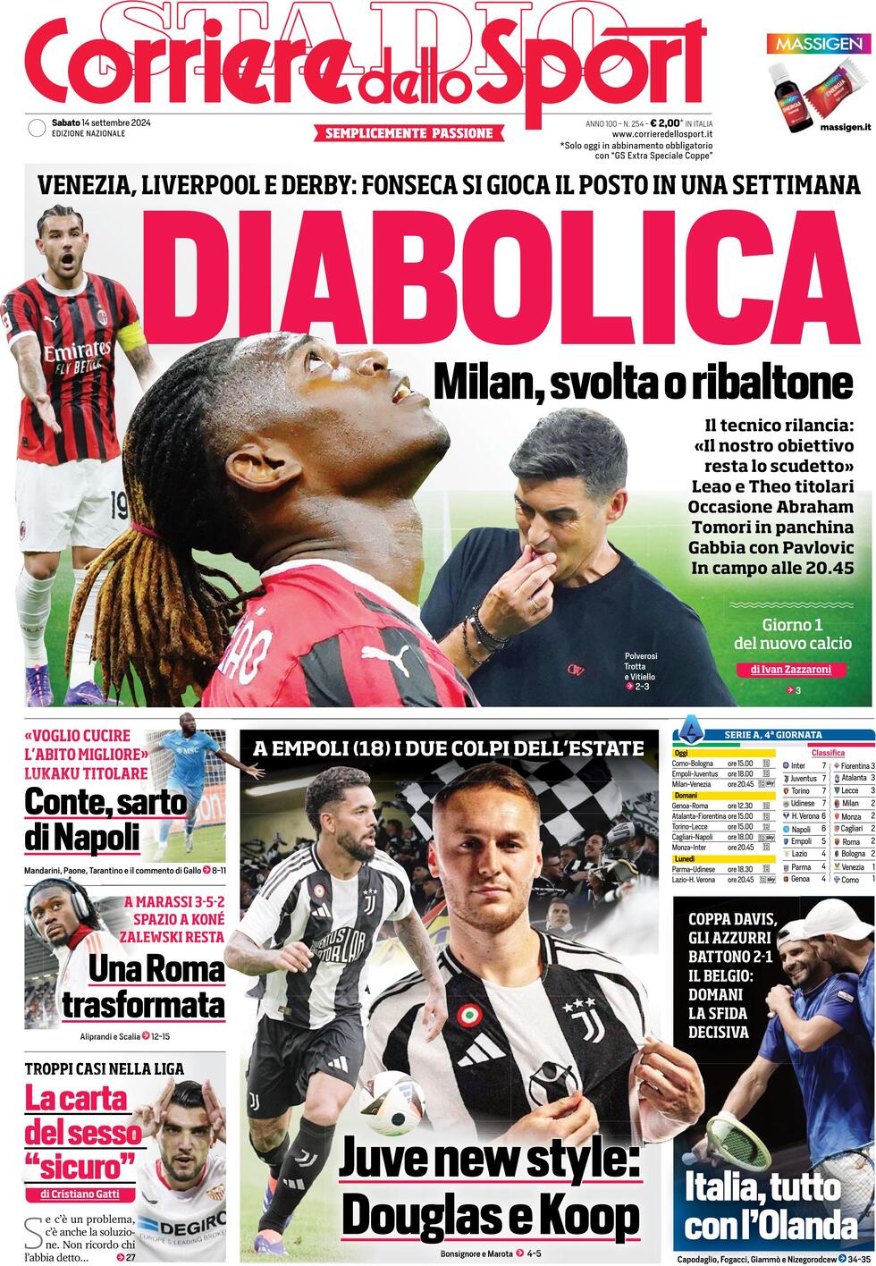 Corriere dello Sport prima pagina 
            Edizione di Oggi, Domenica 15 Settembre 2024