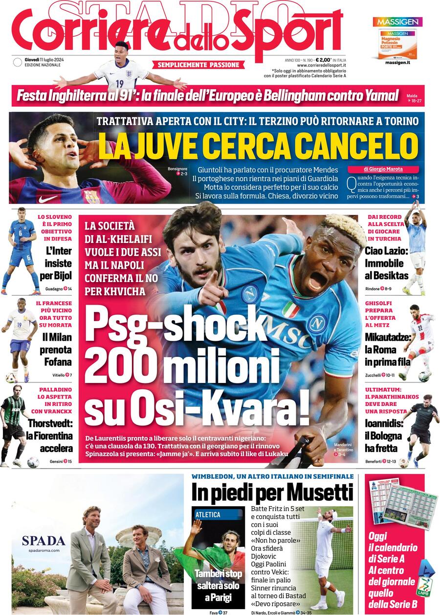 Corriere dello Sport prima pagina 
            Edizione di Oggi, Giovedì 11 Luglio 2024