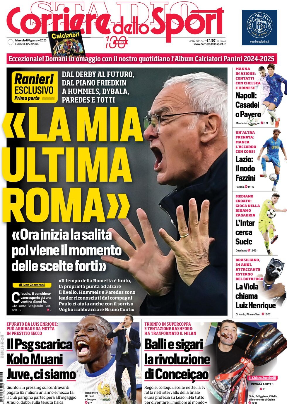 Corriere dello Sport prima pagina 
            Edizione di Oggi, Mercoledì 08 Gennaio 2025