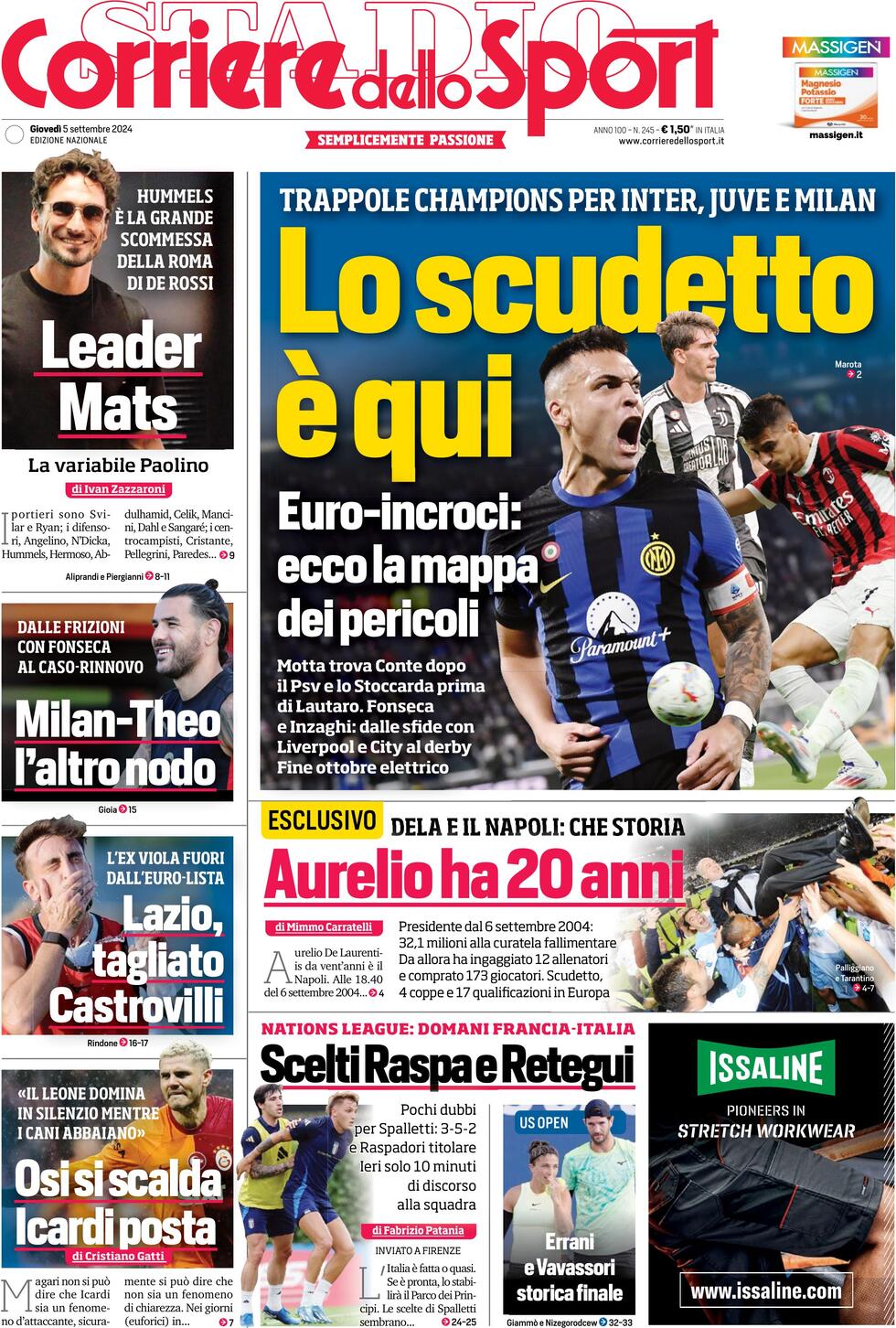 Corriere dello Sport prima pagina 
            Edizione di Oggi, Giovedì 05 Settembre 2024