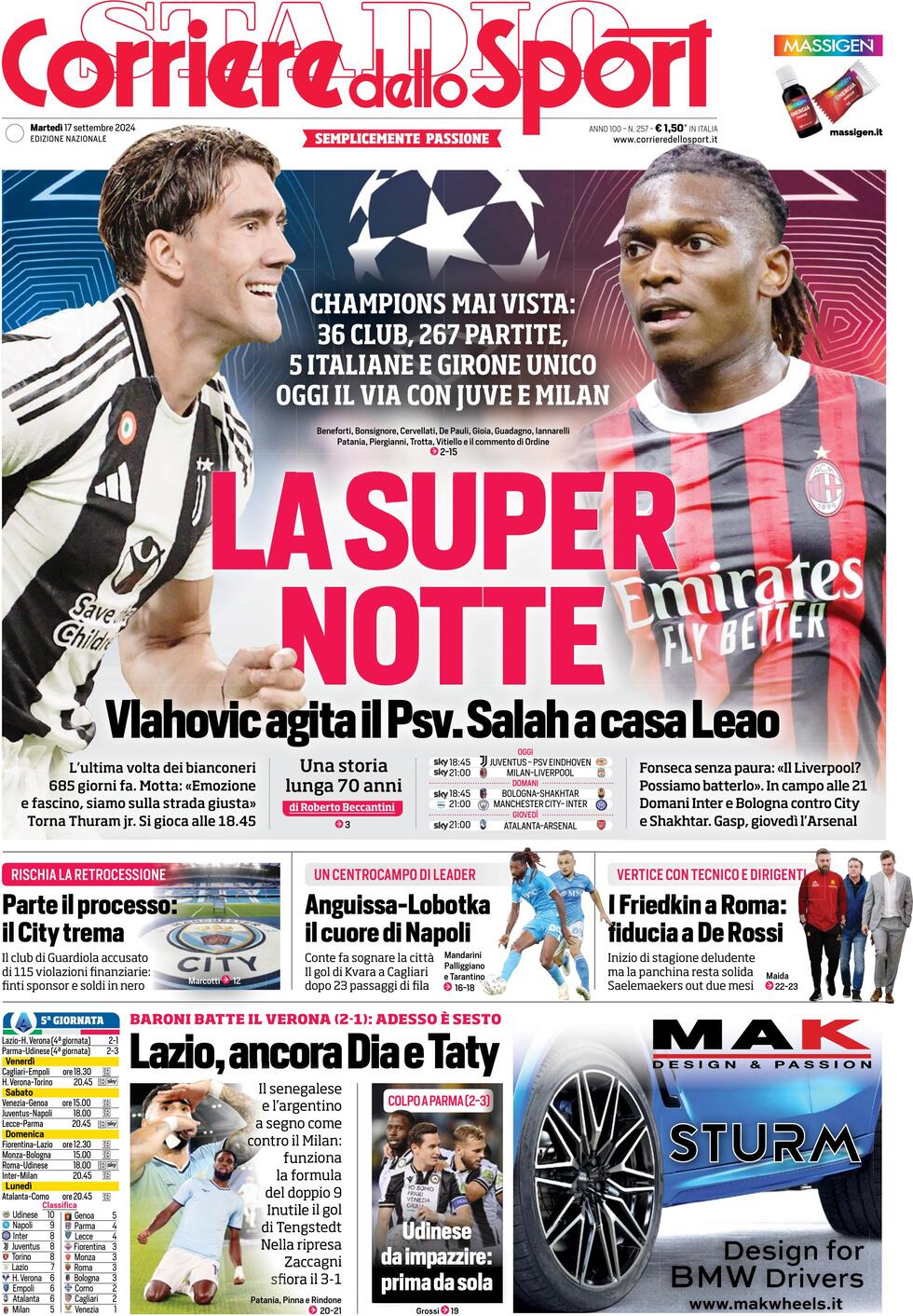 Corriere dello Sport prima pagina 
            Edizione di Oggi, Martedì 17 Settembre 2024