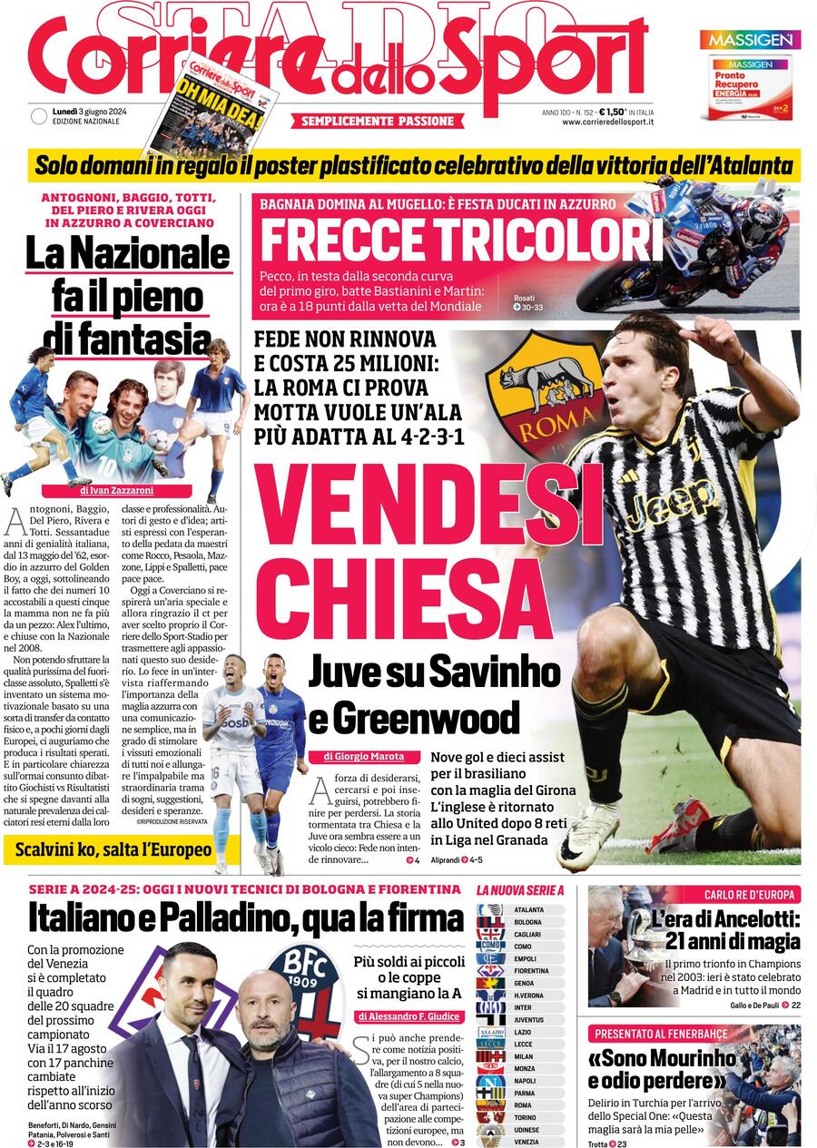 Corriere dello Sport prima pagina 
            Edizione di Oggi, Lunedì 03 Giugno 2024