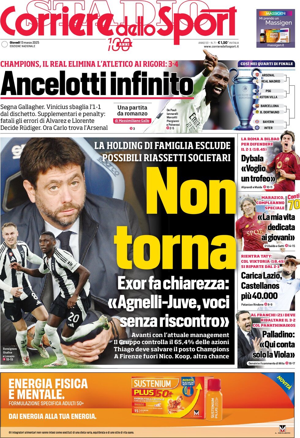 Corriere dello Sport prima pagina 
            Edizione di Oggi, Giovedì 13 Marzo 2025