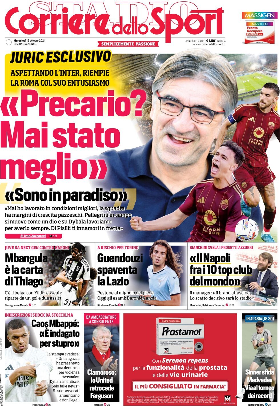 Corriere dello Sport prima pagina 
            Edizione di Oggi, Mercoledì 16 Ottobre 2024