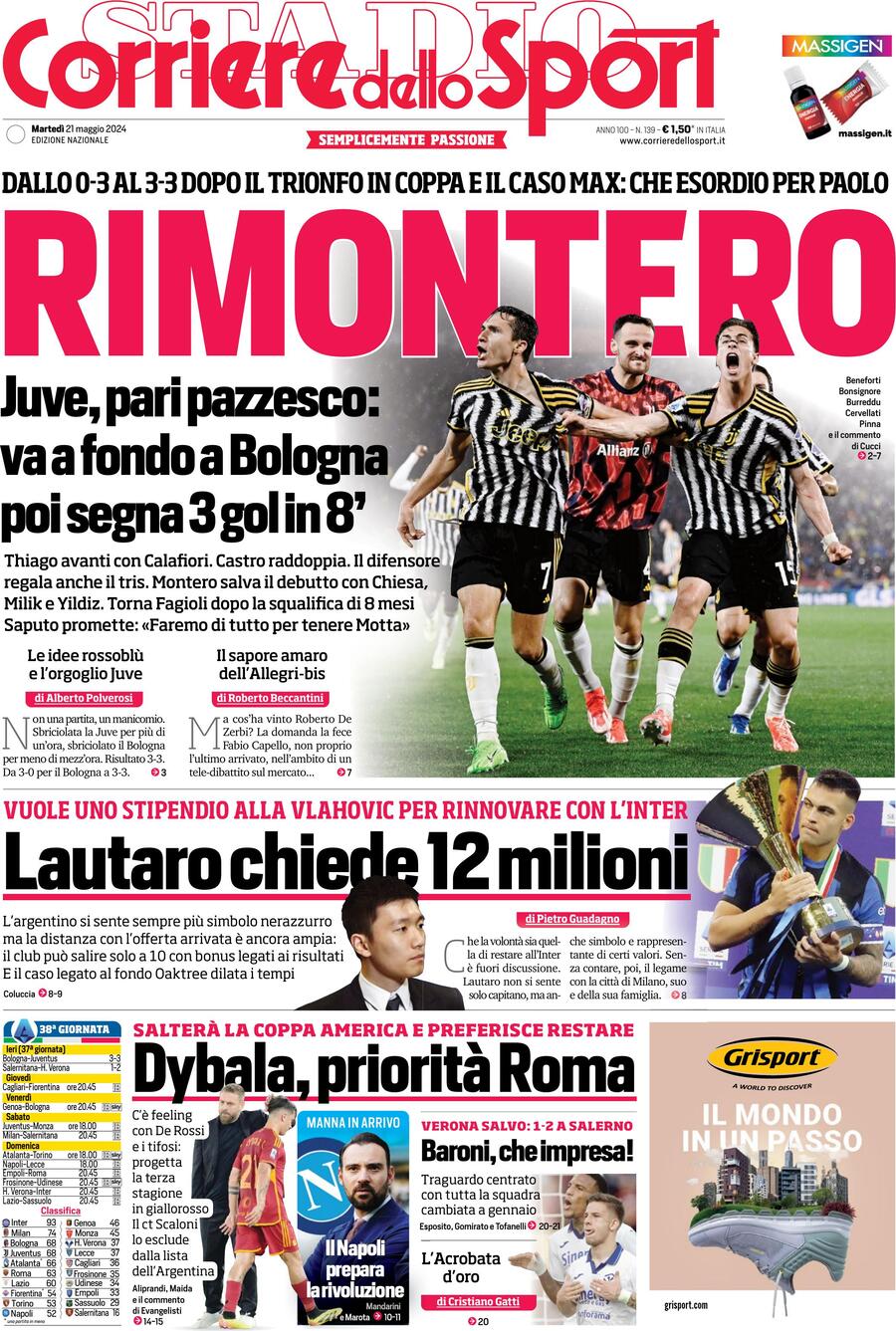 Corriere dello Sport prima pagina 
            Edizione di Oggi, Martedì 21 Maggio 2024