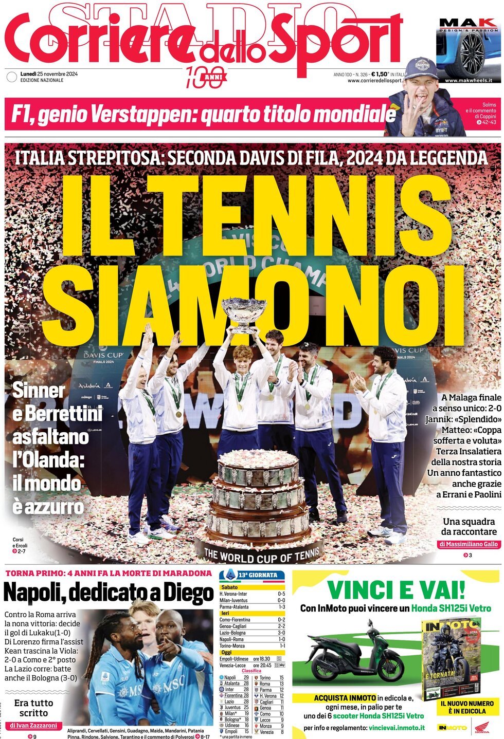 Corriere dello Sport prima pagina 
            Edizione di Oggi, Lunedì 25 Novembre 2024