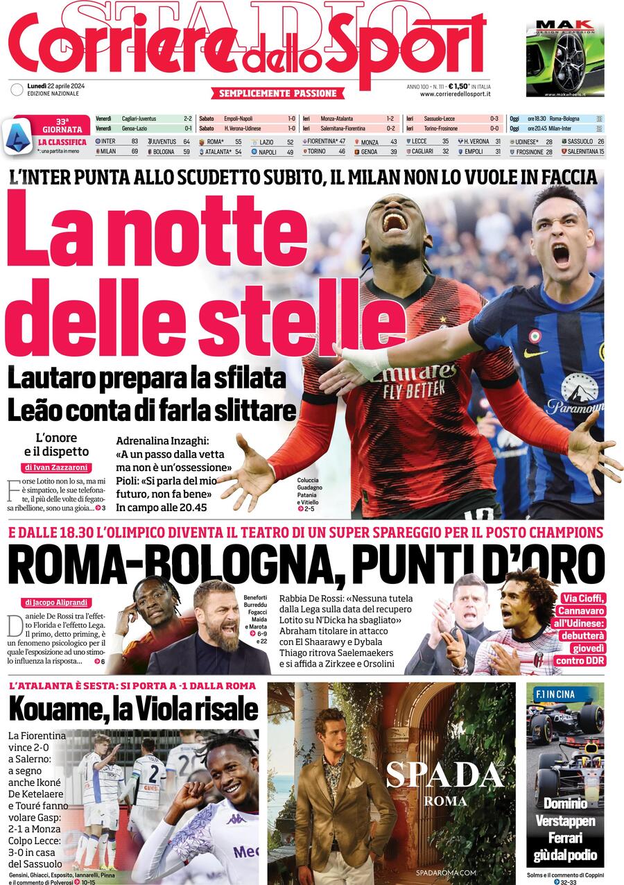 Corriere dello Sport prima pagina 
            Edizione di Oggi, Lunedì 22 Aprile 2024