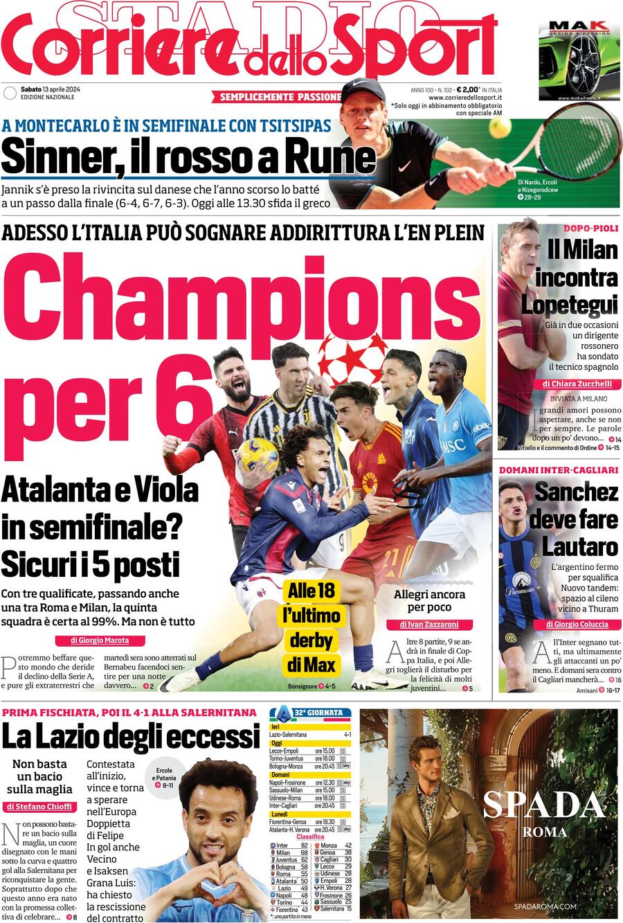 Corriere dello Sport prima pagina 
            Edizione di Oggi, Sabato 13 Aprile 2024