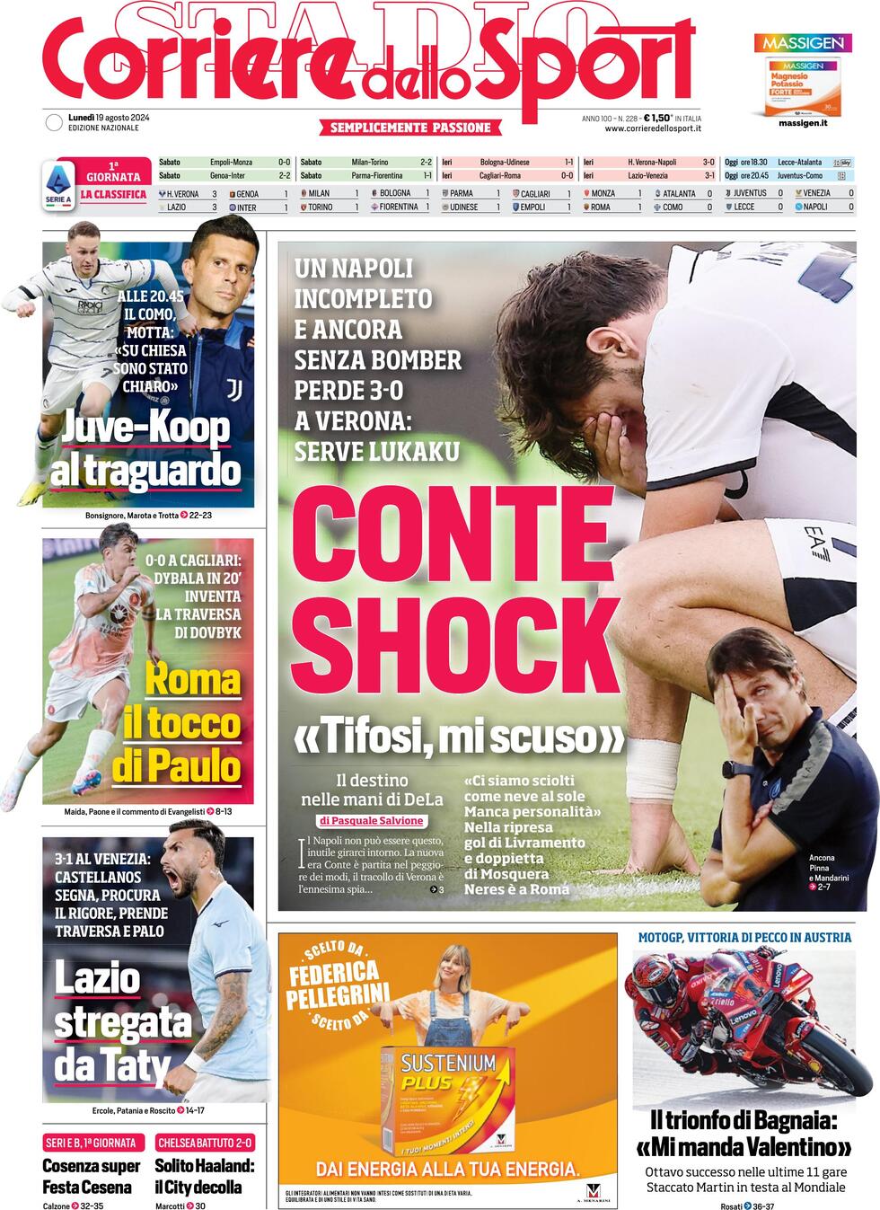 Corriere dello Sport prima pagina 
            Edizione di Oggi, Martedì 20 Agosto 2024