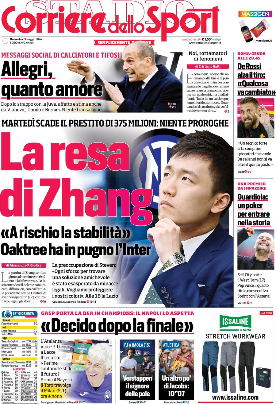 Corriere dello Sport prima pagina 
            Edizione di Oggi, Domenica 19 Maggio 2024