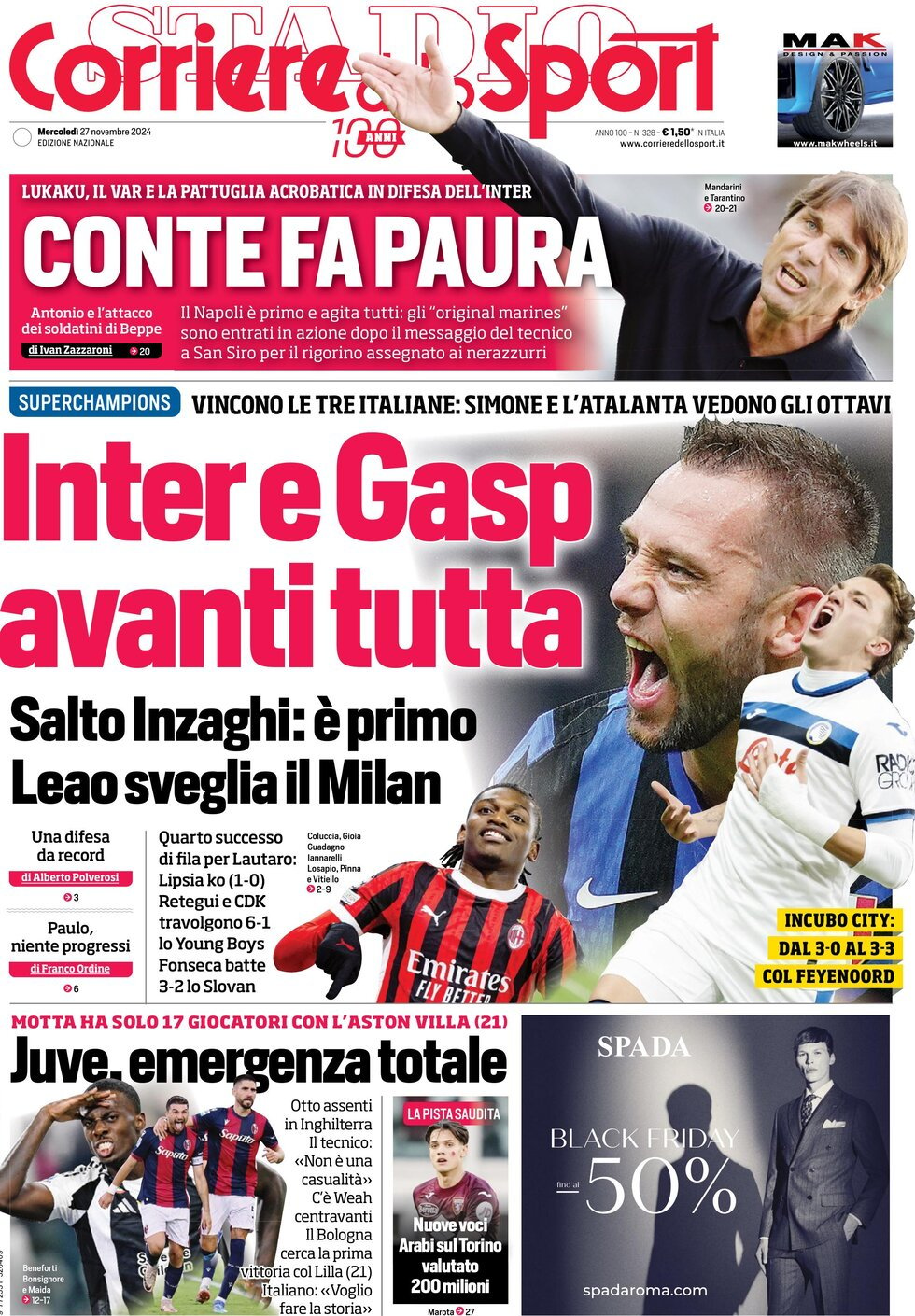 Corriere dello Sport prima pagina 
            Edizione di Oggi, Mercoledì 27 Novembre 2024