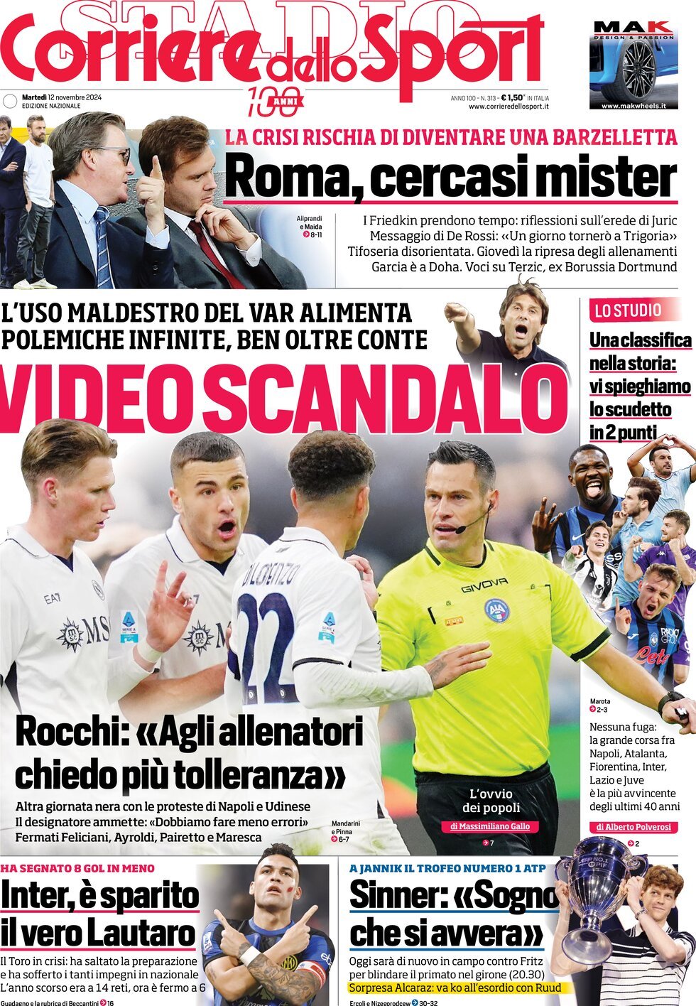 Corriere dello Sport prima pagina 
            Edizione di Oggi, Martedì 12 Novembre 2024