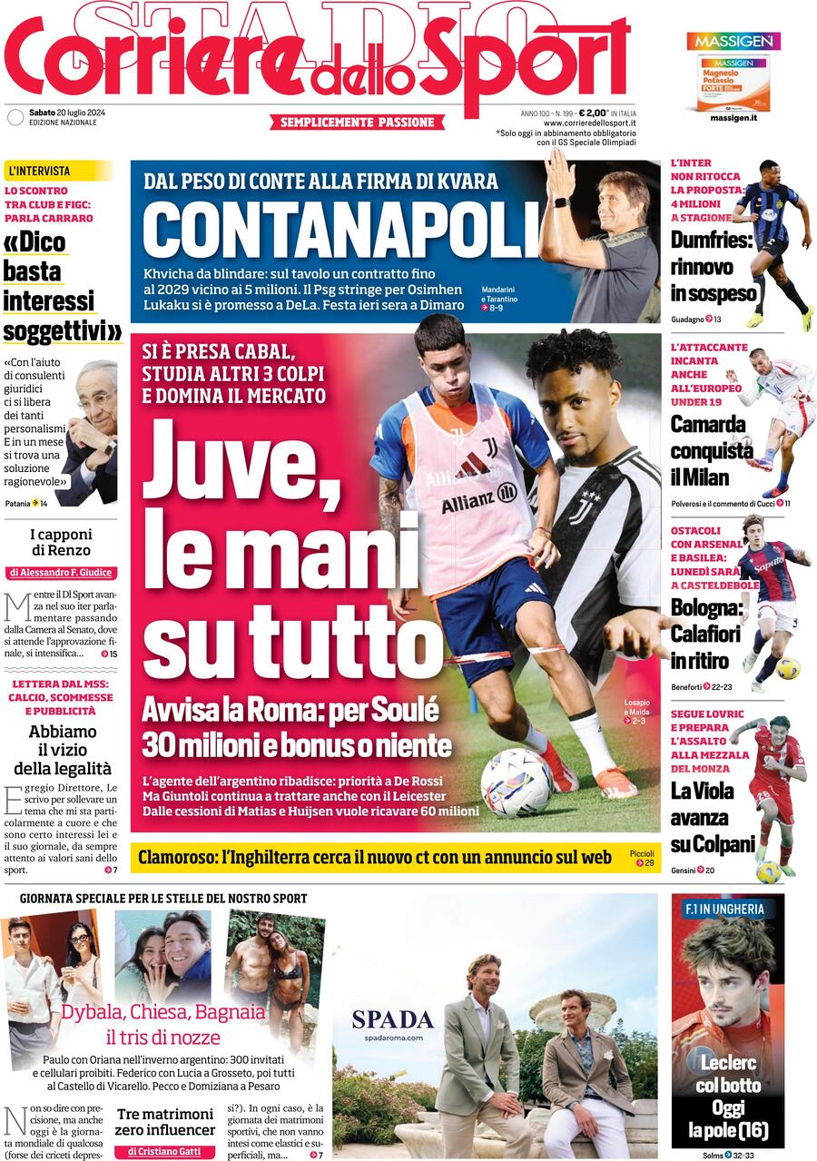 Corriere dello Sport Prima Pagina – Edizione di Oggi, Sabato 20 Luglio 2024