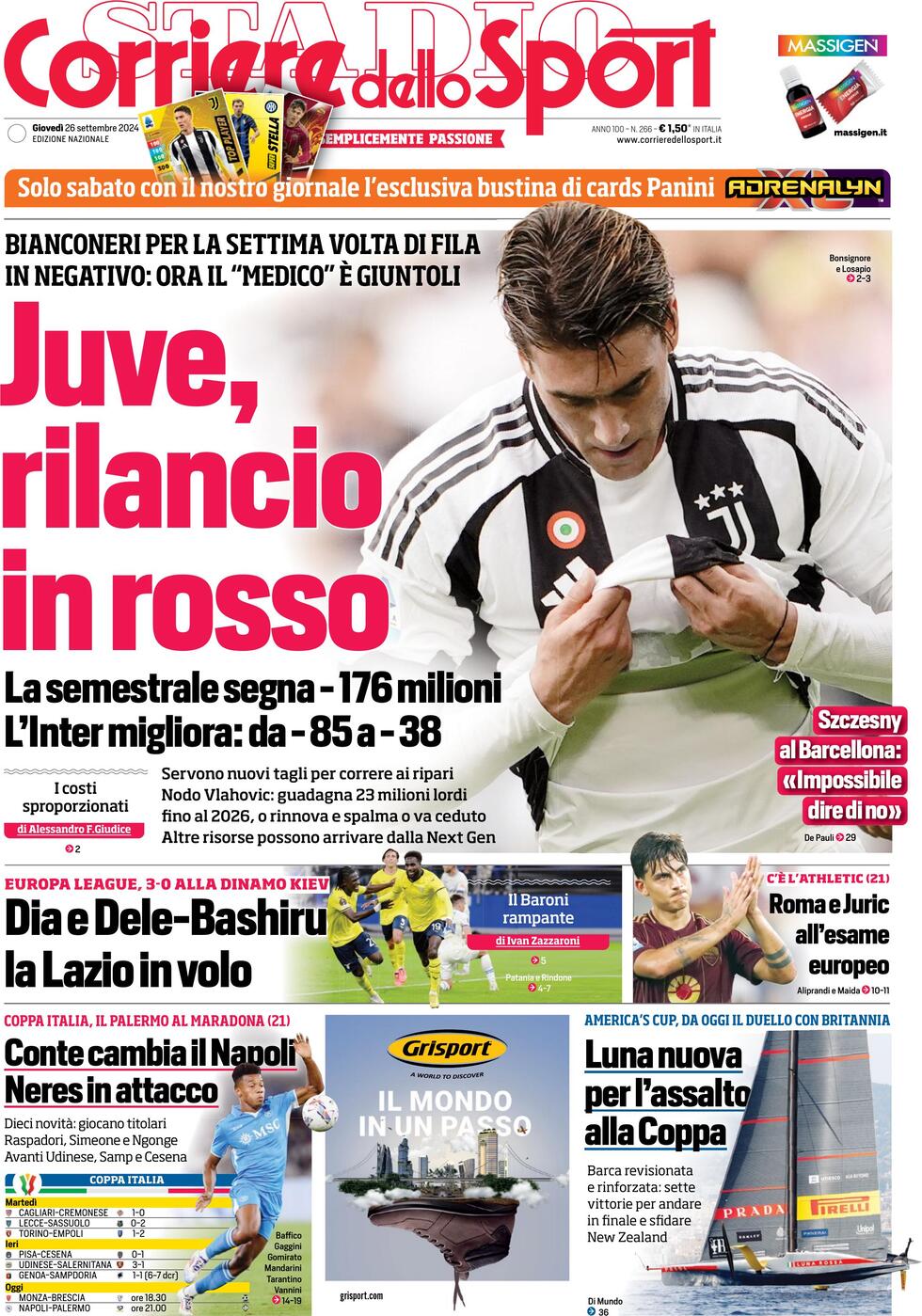 Corriere dello Sport prima pagina 
            Edizione di Oggi, Giovedì 26 Settembre 2024