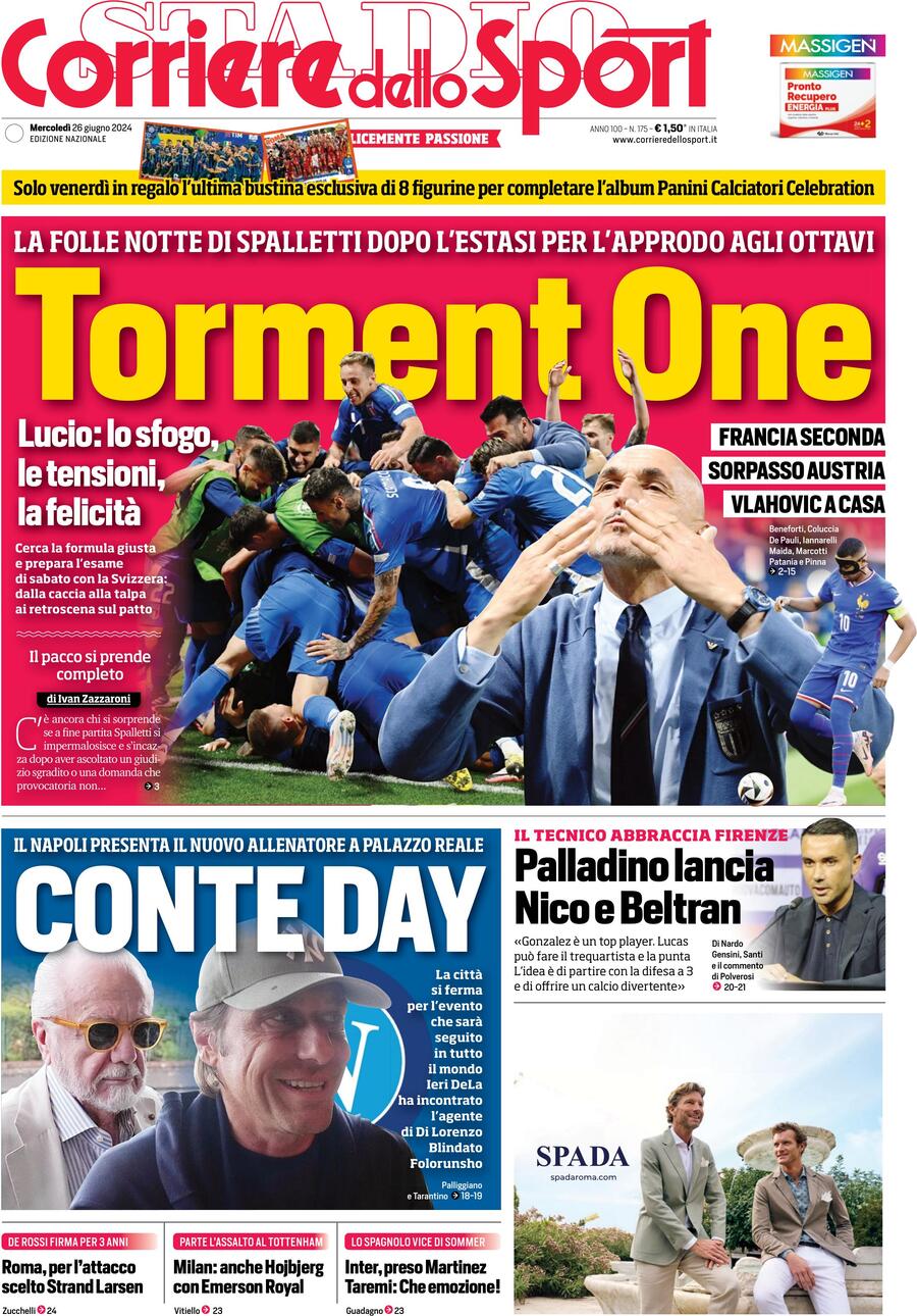 Corriere dello Sport Prima Pagina: Edizione di Oggi, Mercoledì 26 Giugno 2024