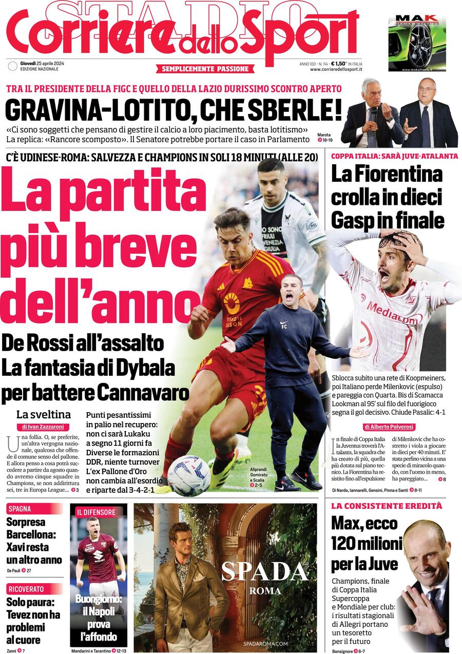 Corriere dello Sport prima pagina 
            Edizione di Oggi, Giovedì 25 Aprile 2024