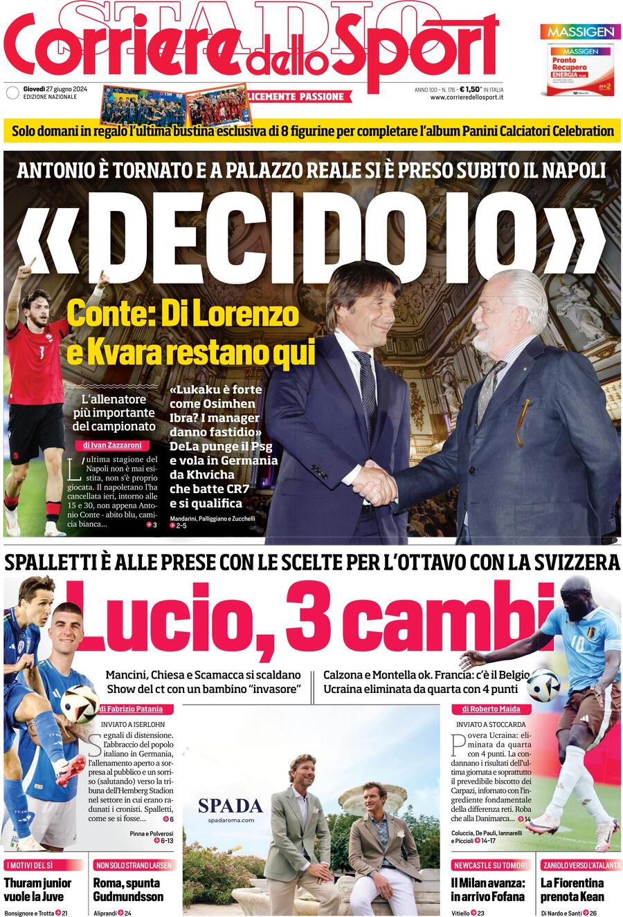 Corriere dello Sport Prima Pagina: Edizione di Oggi, Giovedì 27 Giugno 2024