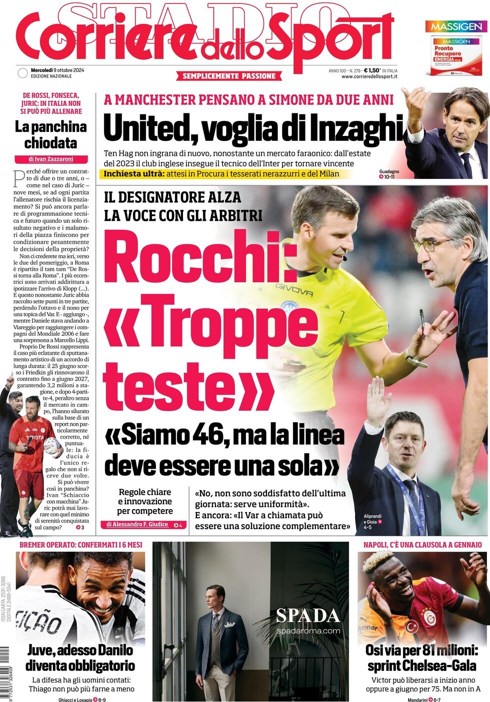 Corriere dello Sport prima pagina 
            Edizione di Oggi, Mercoledì 09 Ottobre 2024