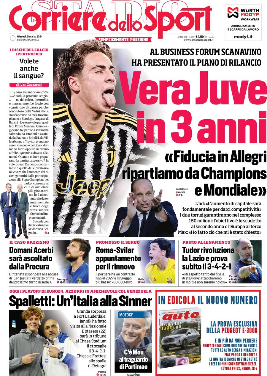 Corriere dello Sport prima pagina 
            Edizione di Oggi, Giovedì 21 Marzo 2024