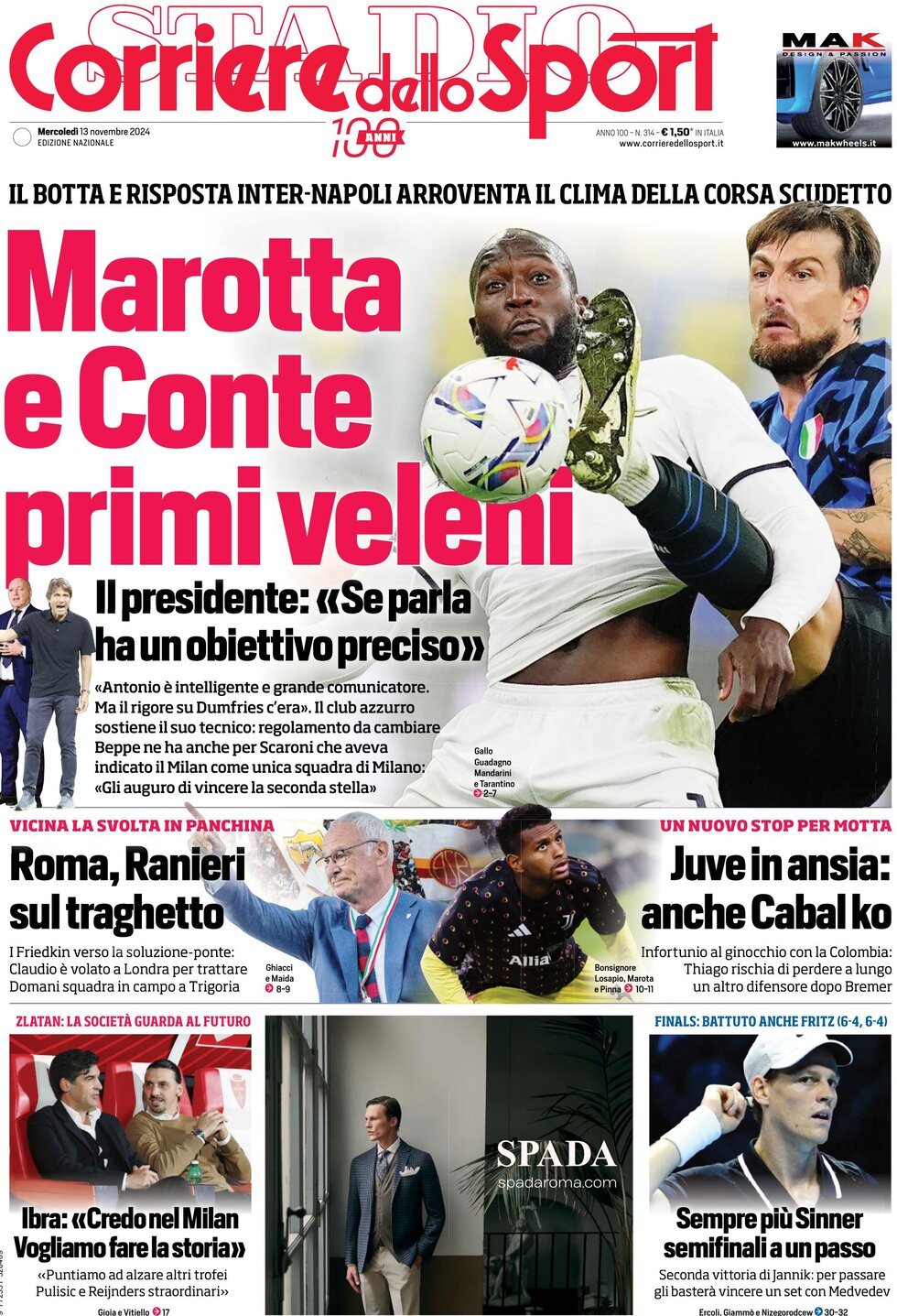 Corriere dello Sport prima pagina 
            Edizione di Oggi, Giovedì 14 Novembre 2024